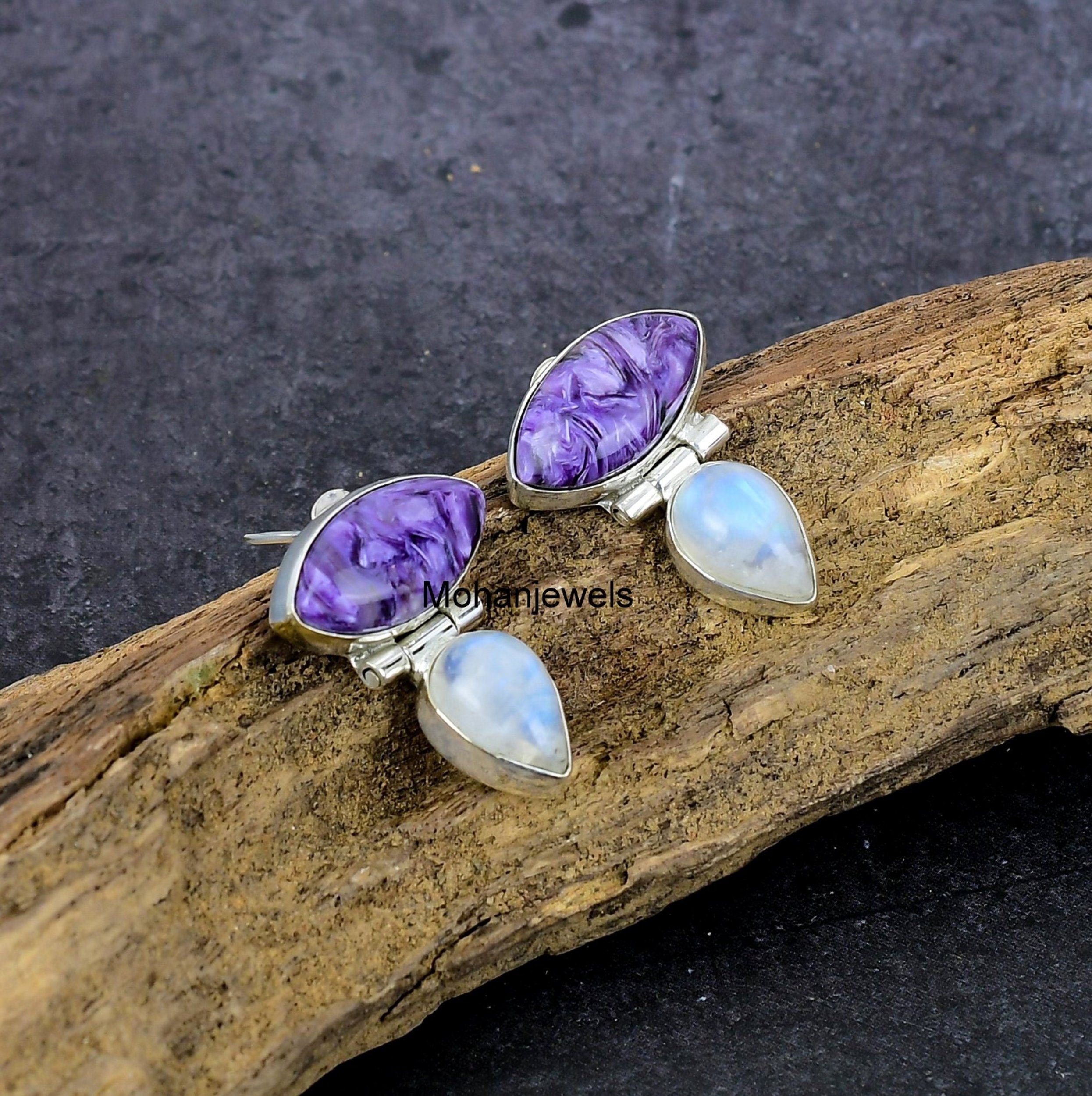 Charoite Earring, Charoite & Moonstone Silver Earrings, Handmade Stud Earrings, Purple Charoite Ethnic Jewelry, Anniversary Gift For Her