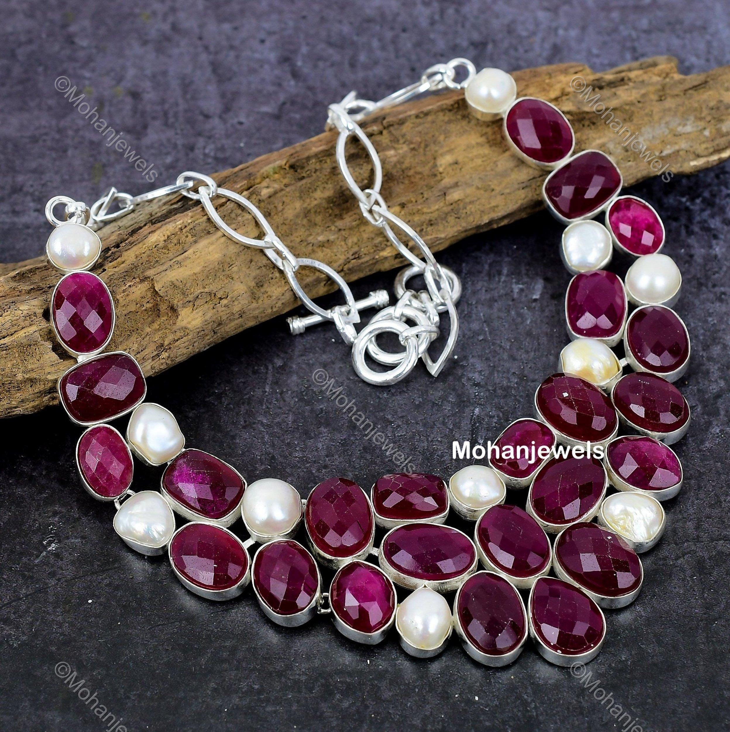 Remarkable Natural Indian Ruby Necklace, Red Choker Adjustable Necklace, Silver Plated Jewelry, Engagement Gift, Necklace For Grand Mother