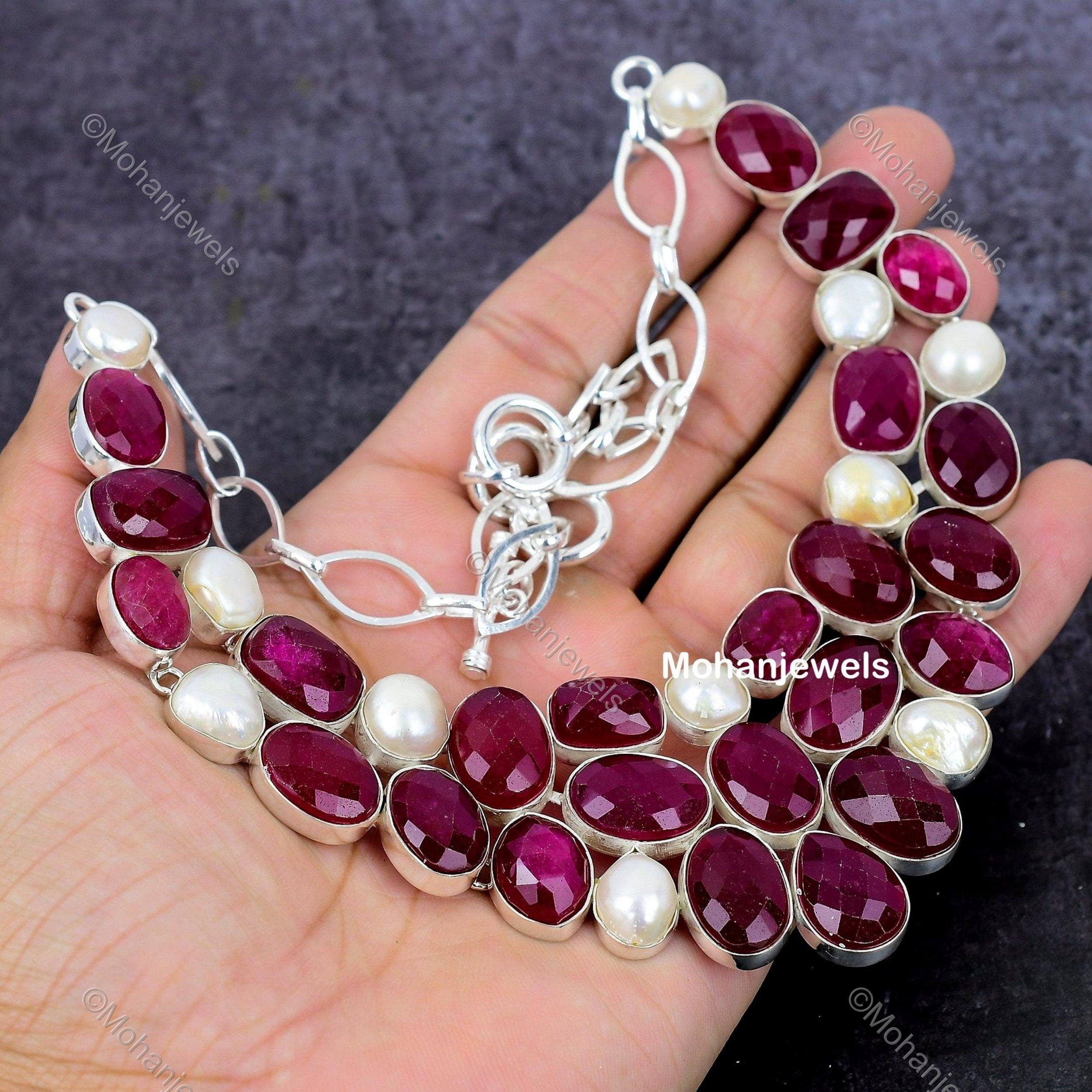 Remarkable Natural Indian Ruby Necklace, Red Choker Adjustable Necklace, Silver Plated Jewelry, Engagement Gift, Necklace For Grand Mother