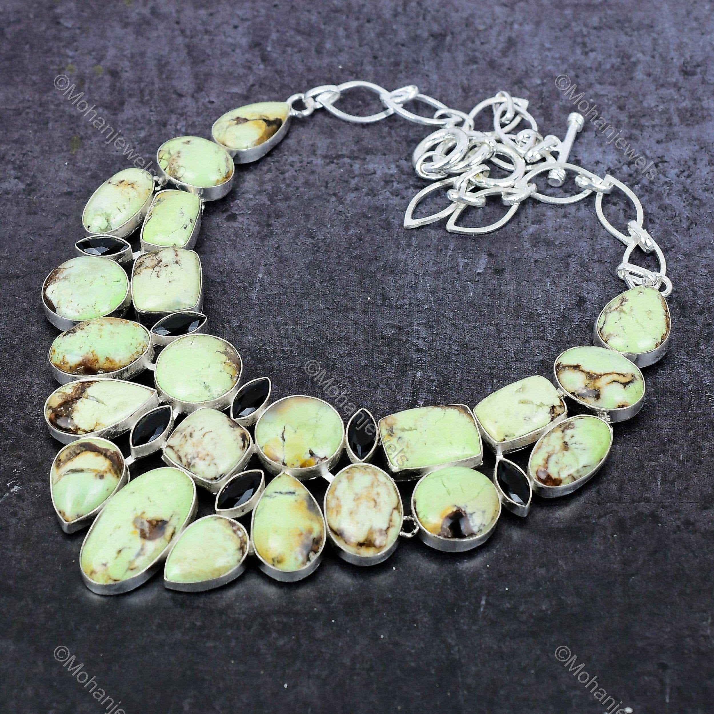 Precious Natural Lemon Chrysoprase Necklace, Yellow Choker Adjustable Necklace, Silver Plated Jewelry, Birthday Gift, Necklace For Sister