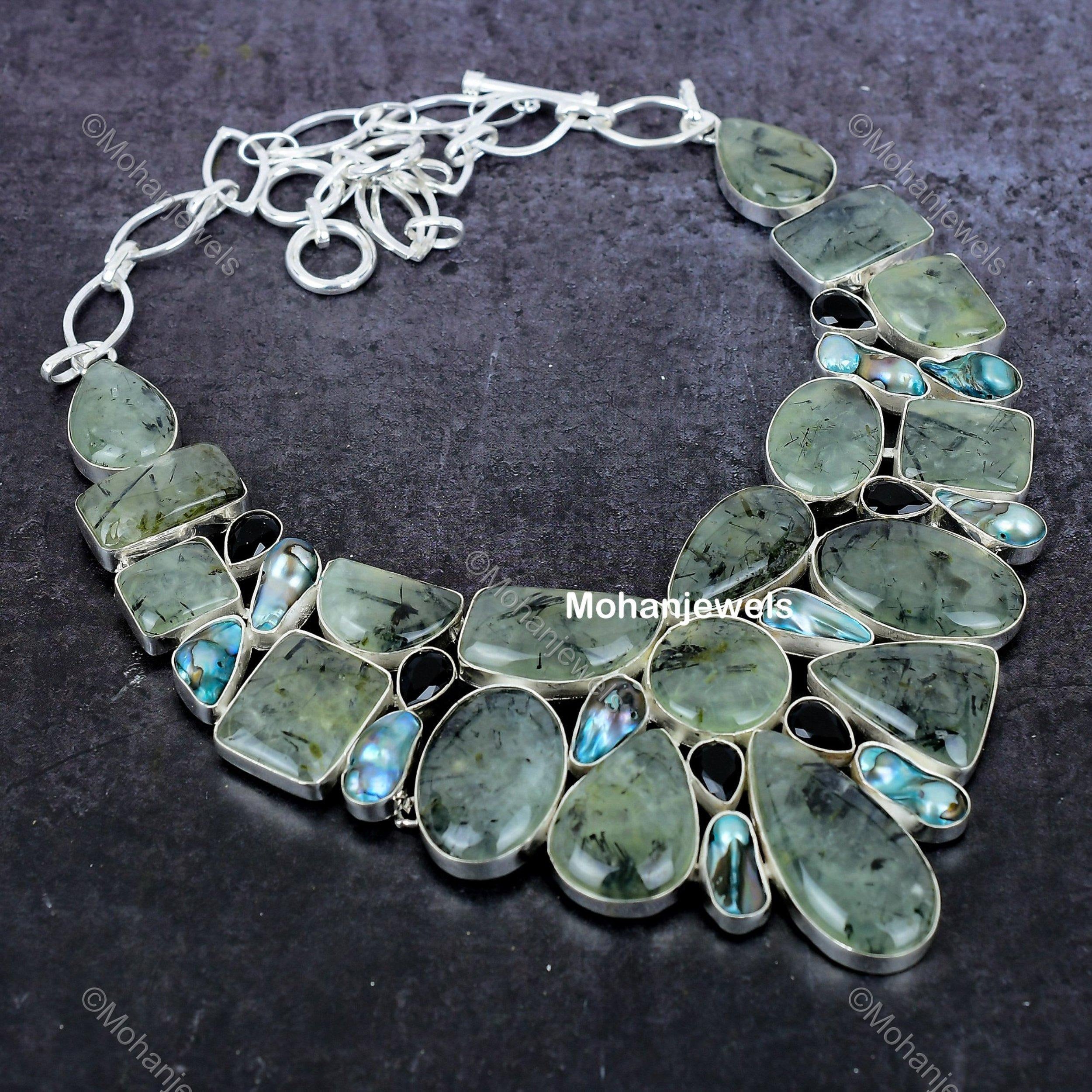 Precious Natural Moss Prehnite Necklace, Green Choker Adjustable Necklace, Silver Plated Jewelry, Anniversary Gift, Necklace For Sister