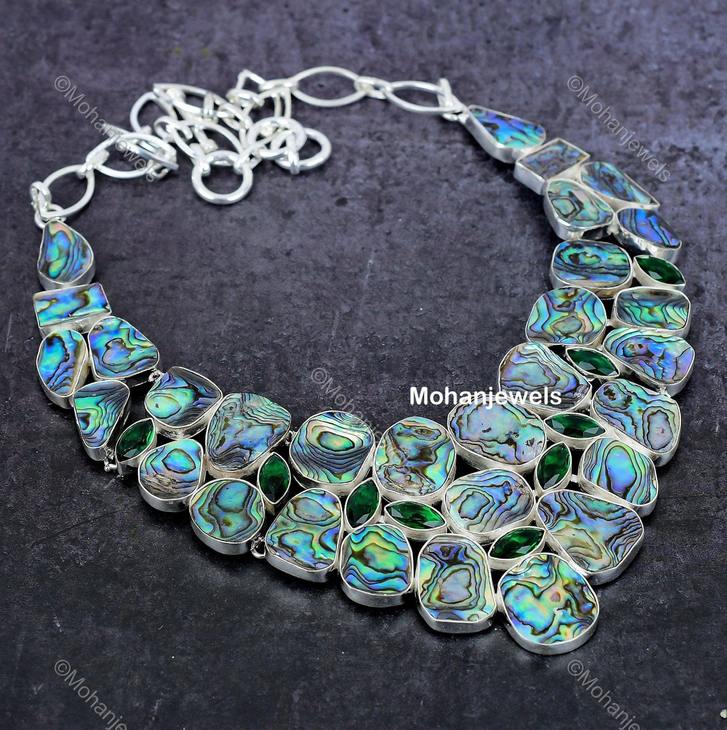 Antique Natural Abalone Puha Shell Necklace, Green Choker Adjustable Necklace, Silver Plated Jewelry, Engagement Gift, Necklace For Wife