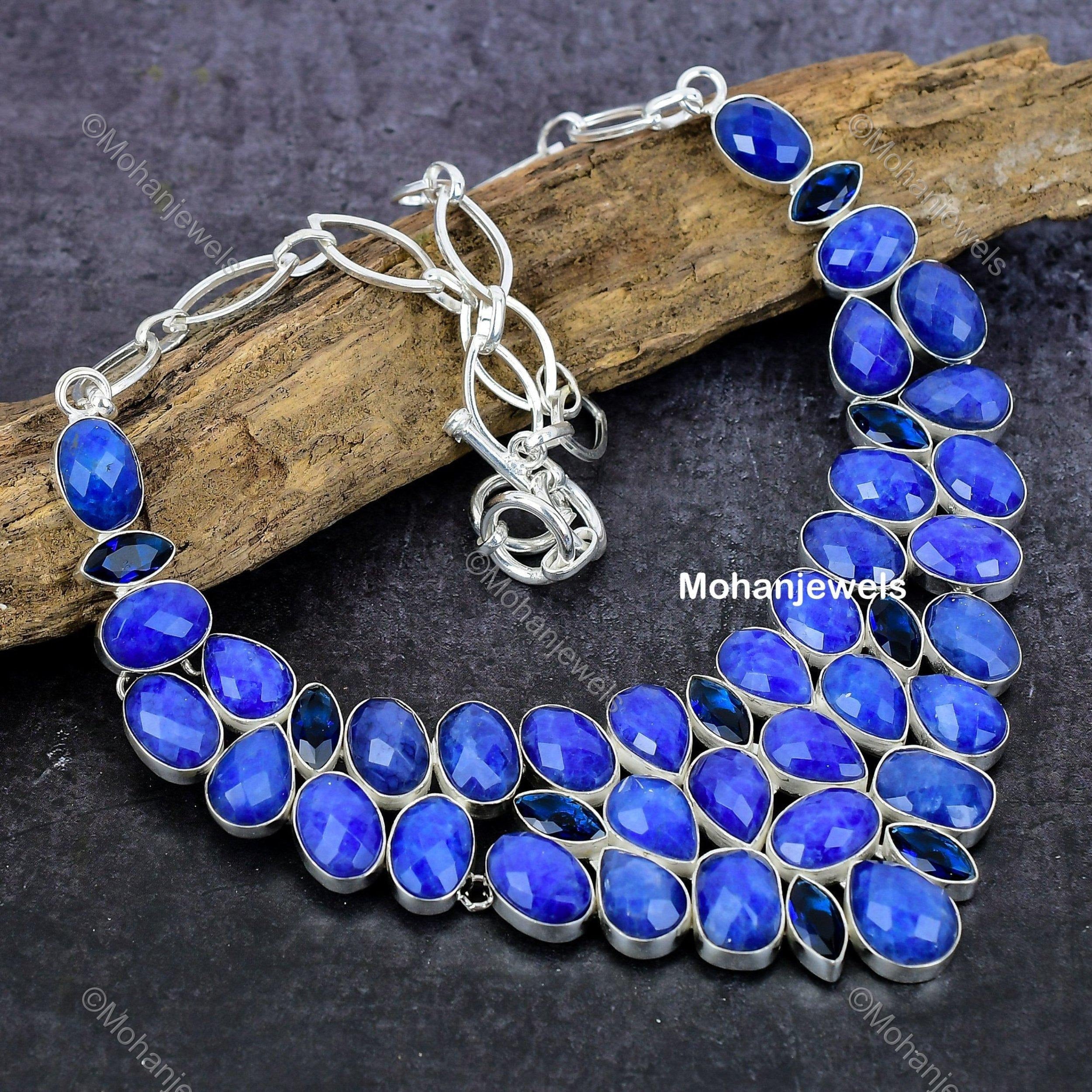 Natural Sapphire Necklace, Gemstone Necklace, Blue Choker Adjustable Necklace, Silver Plated Jewelry, Wedding Gift, Necklace For Best Friend