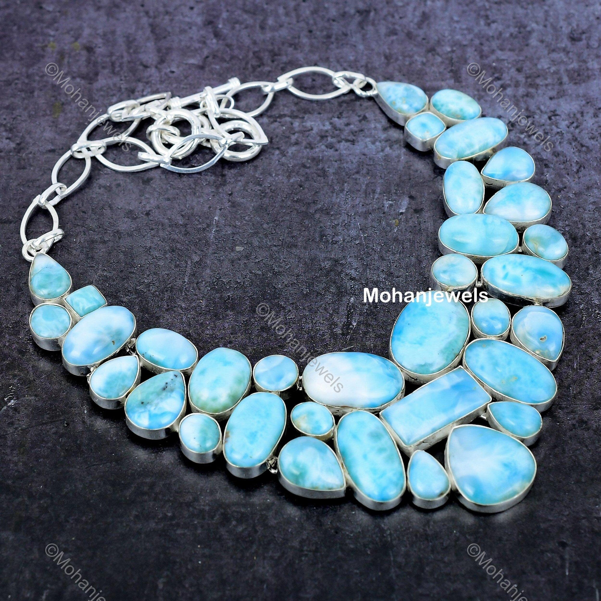 Rare Natural Larimar Necklace, Gemstone Necklace, Blue Choker Adjustable Necklace, Silver Plated Jewelry, Birthday Gift, Necklace For Mother