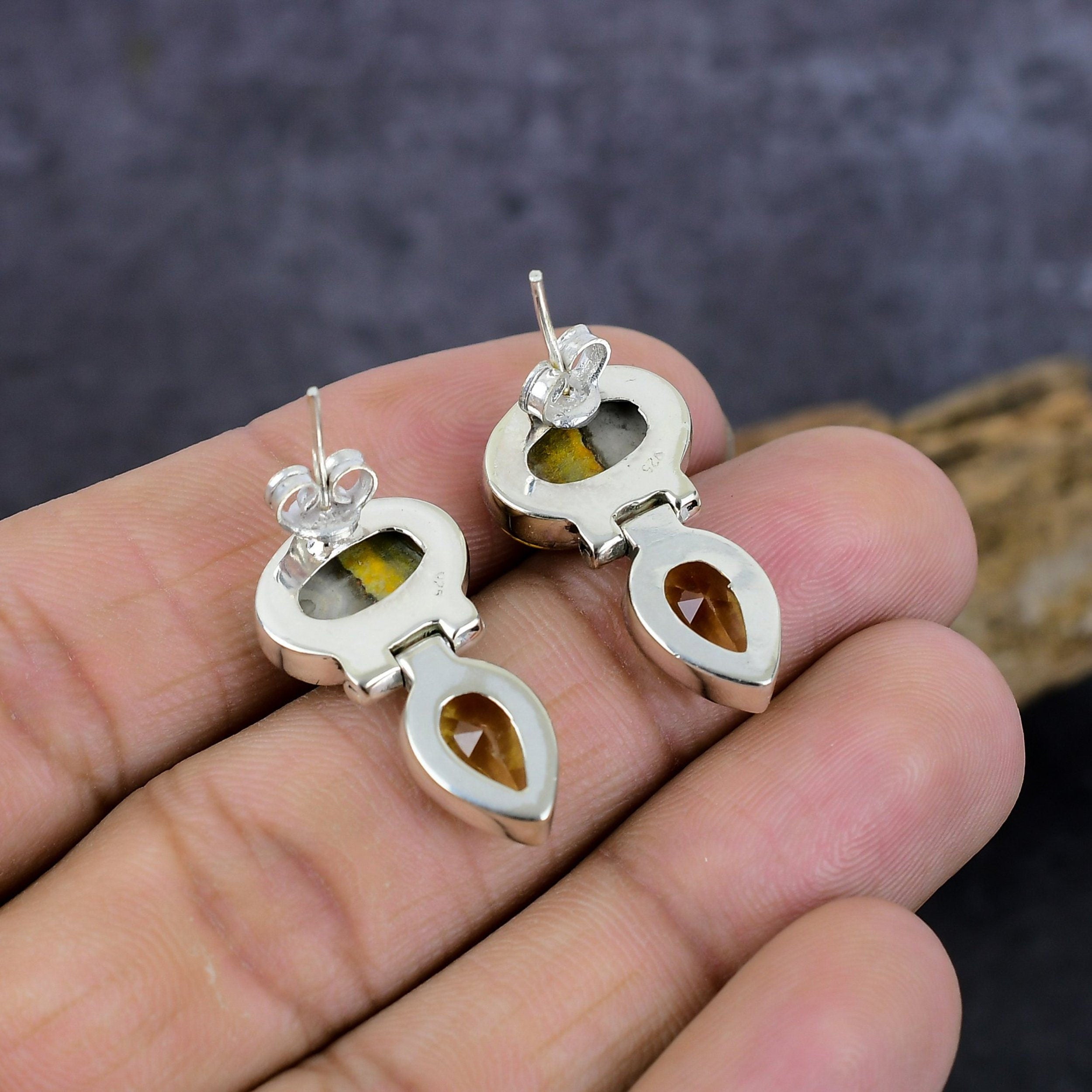 Bumble Bee Jasper Earrings, Bumblebee Jasper Citrine Silver Earring, Handmade Stud Earrings, Yellow Jasper Stone, Anniversary Gift's For Her