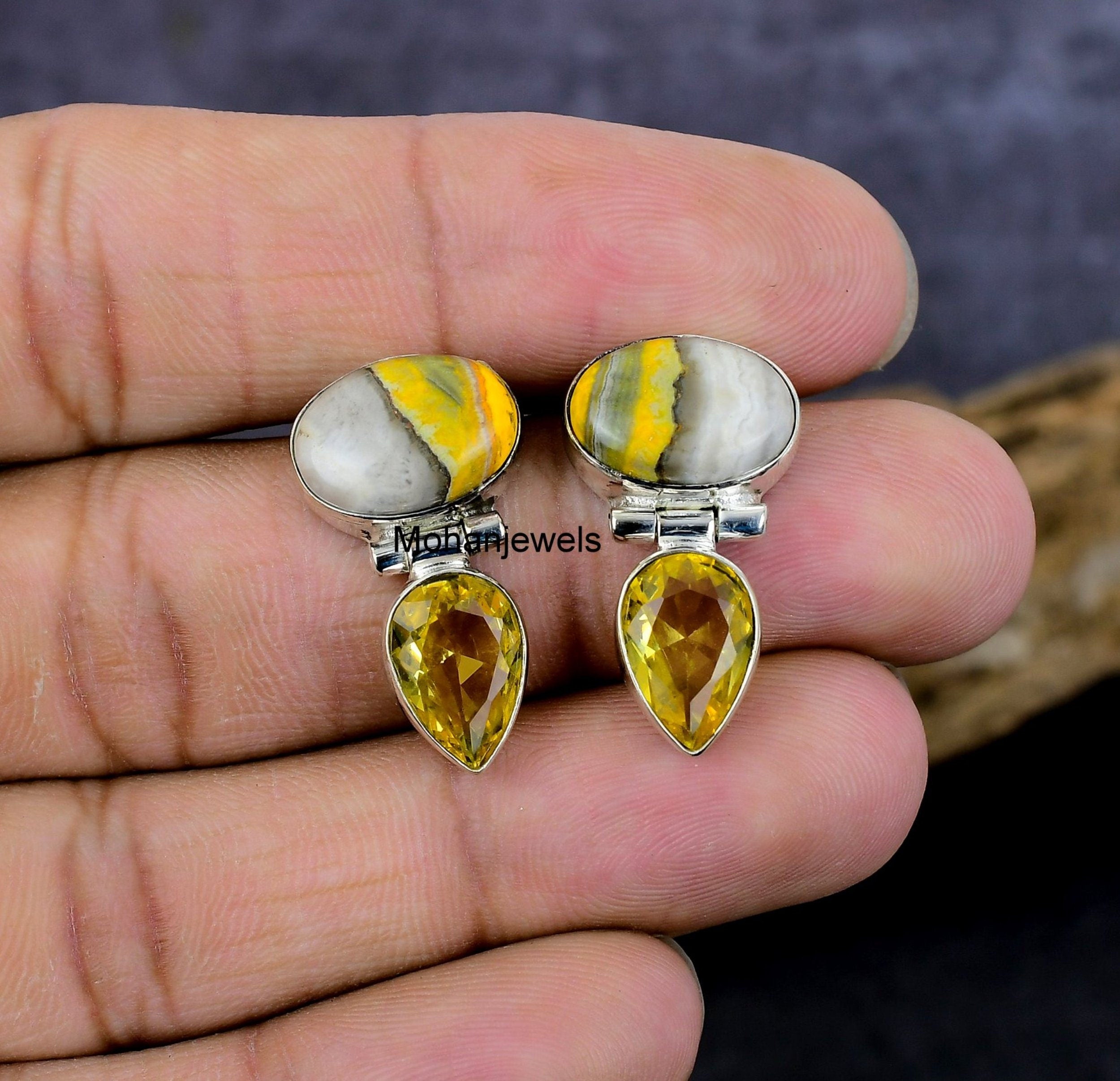 Bumble Bee Jasper Earrings, Bumblebee Jasper Citrine Silver Earring, Handmade Stud Earrings, Yellow Jasper Stone, Anniversary Gift's For Her