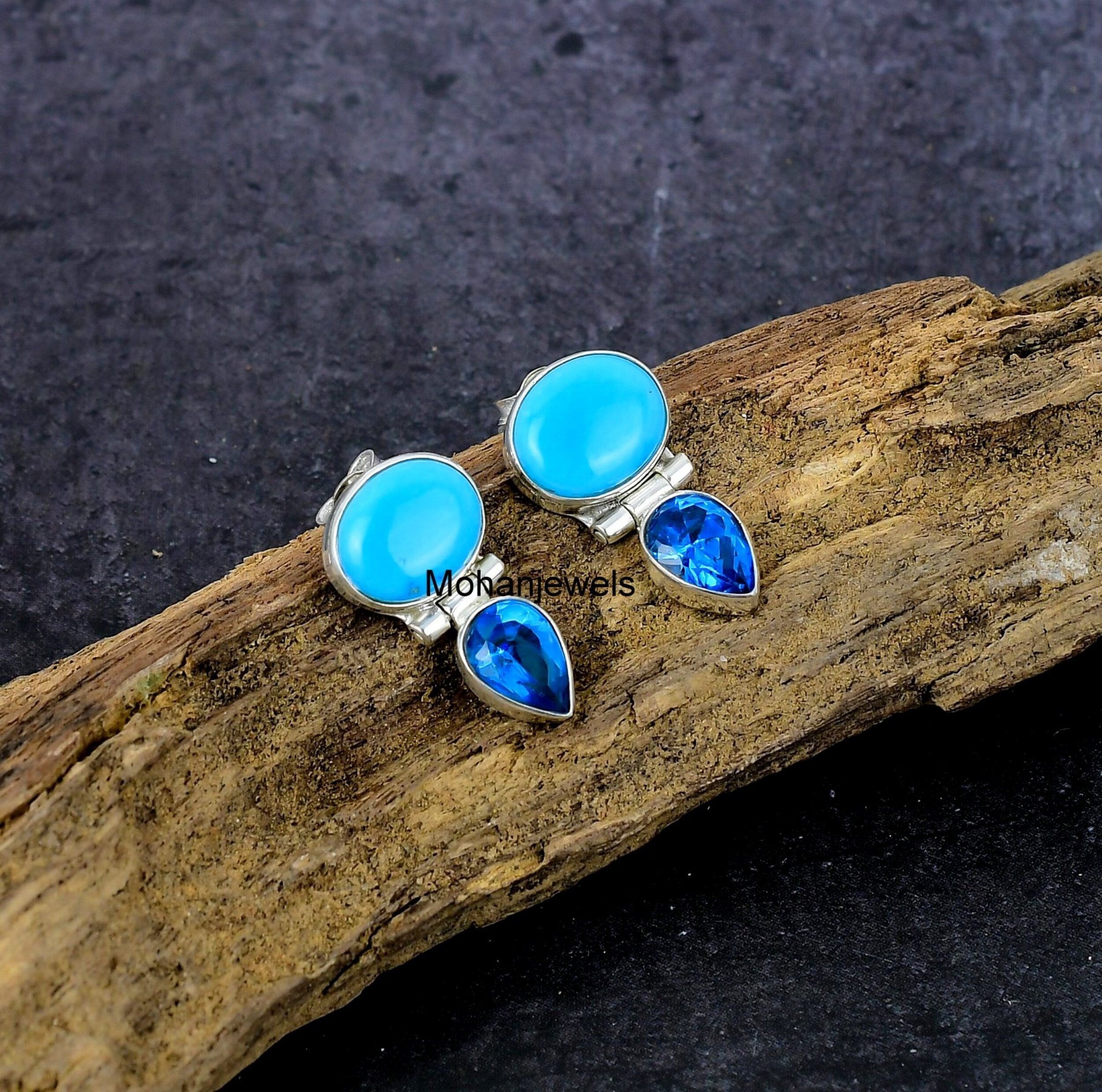 Turquoise Earrings, Sleeping Beauty Turquoise & Topaz Silver Earrings, Handmade Stud Earring, Unique Bohemian Anniversary Gift's For Women