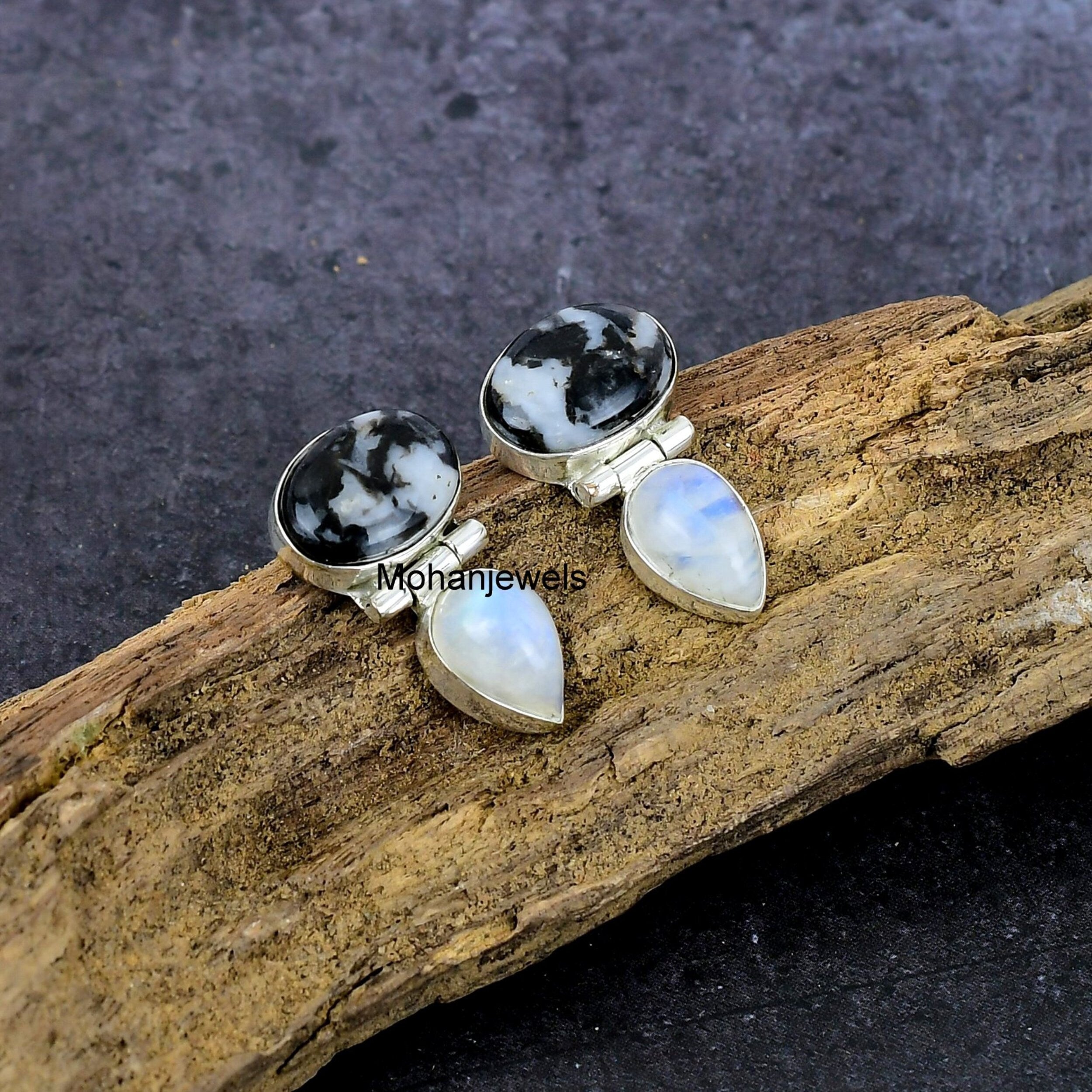 Turquoise Earrings, White Buffalo Turquoise Moonstone Silver Earring, White & Black Turquoise Stud, Western Style Silver Stud Birthday Gift