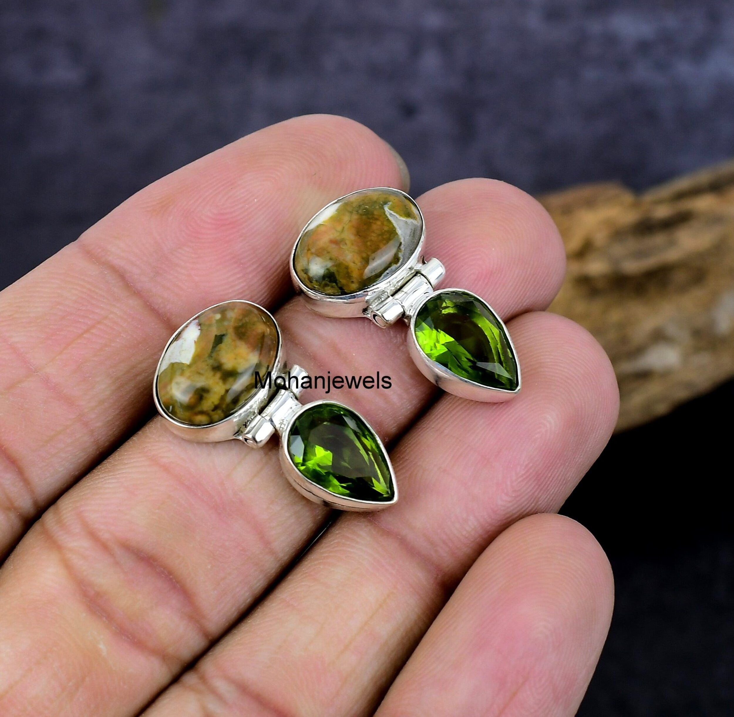 Jasper Earrings, Natural Rainforest Jasper Peridot Silver Earring, Rhyolite Opal Stud Earrings, Bohemian Gypsy Anniversary Gift Earrings