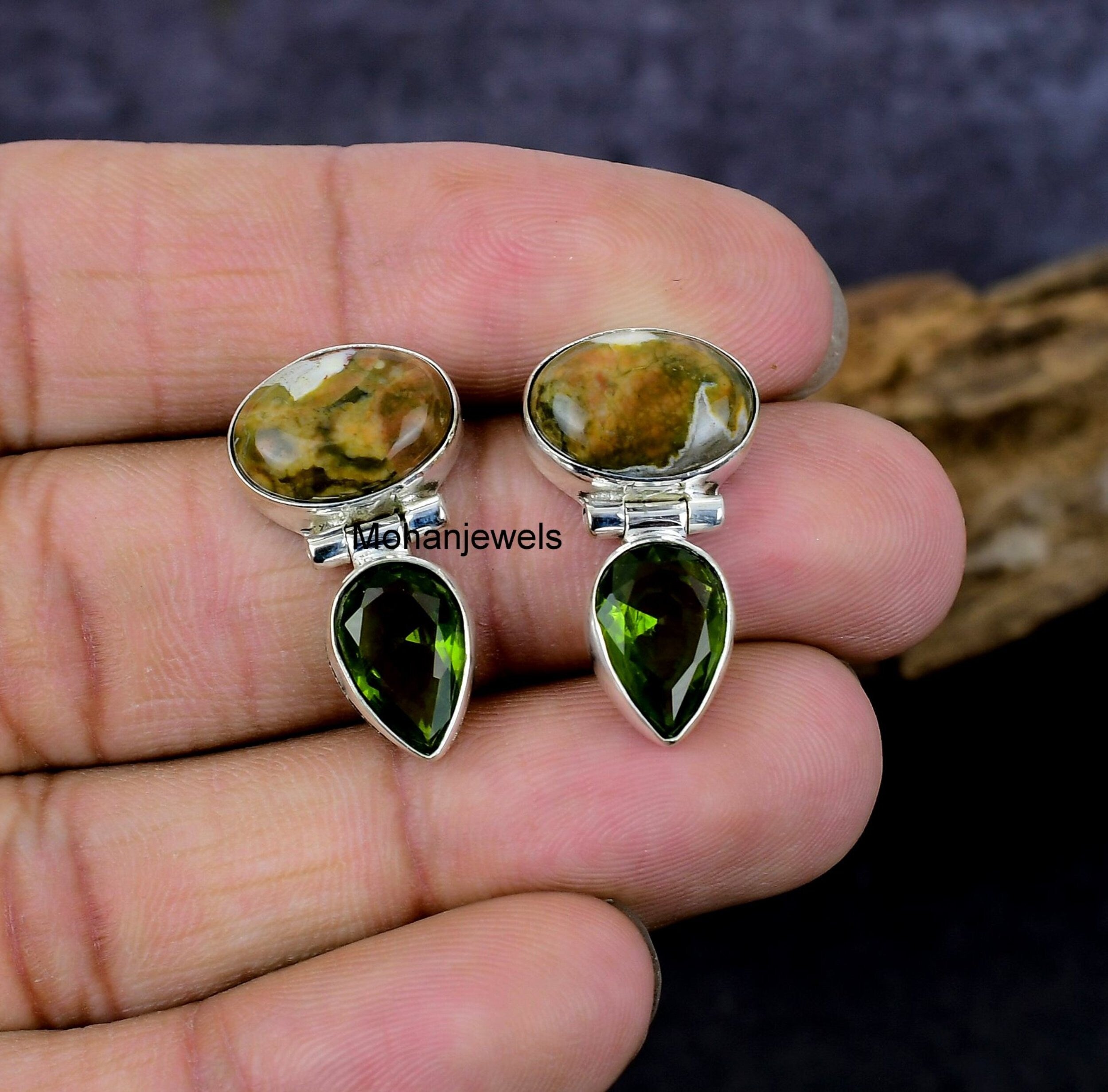 Jasper Earrings, Natural Rainforest Jasper Peridot Silver Earring, Rhyolite Opal Stud Earrings, Bohemian Gypsy Anniversary Gift Earrings