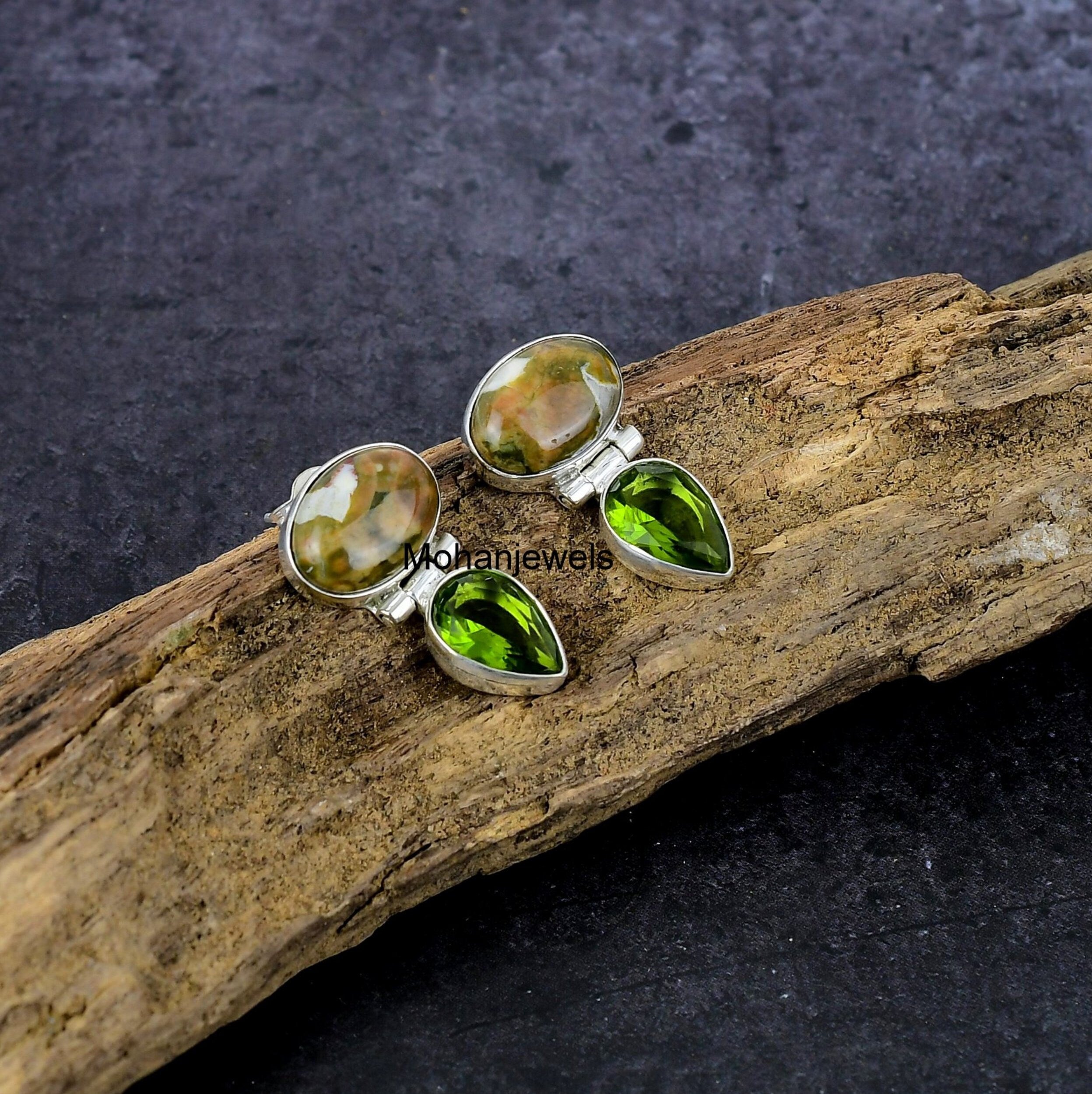 Jasper Earrings, Natural Rainforest Jasper Peridot Silver Earring, Rhyolite Opal Stud Earrings, Bohemian Gypsy Anniversary Gift Earrings