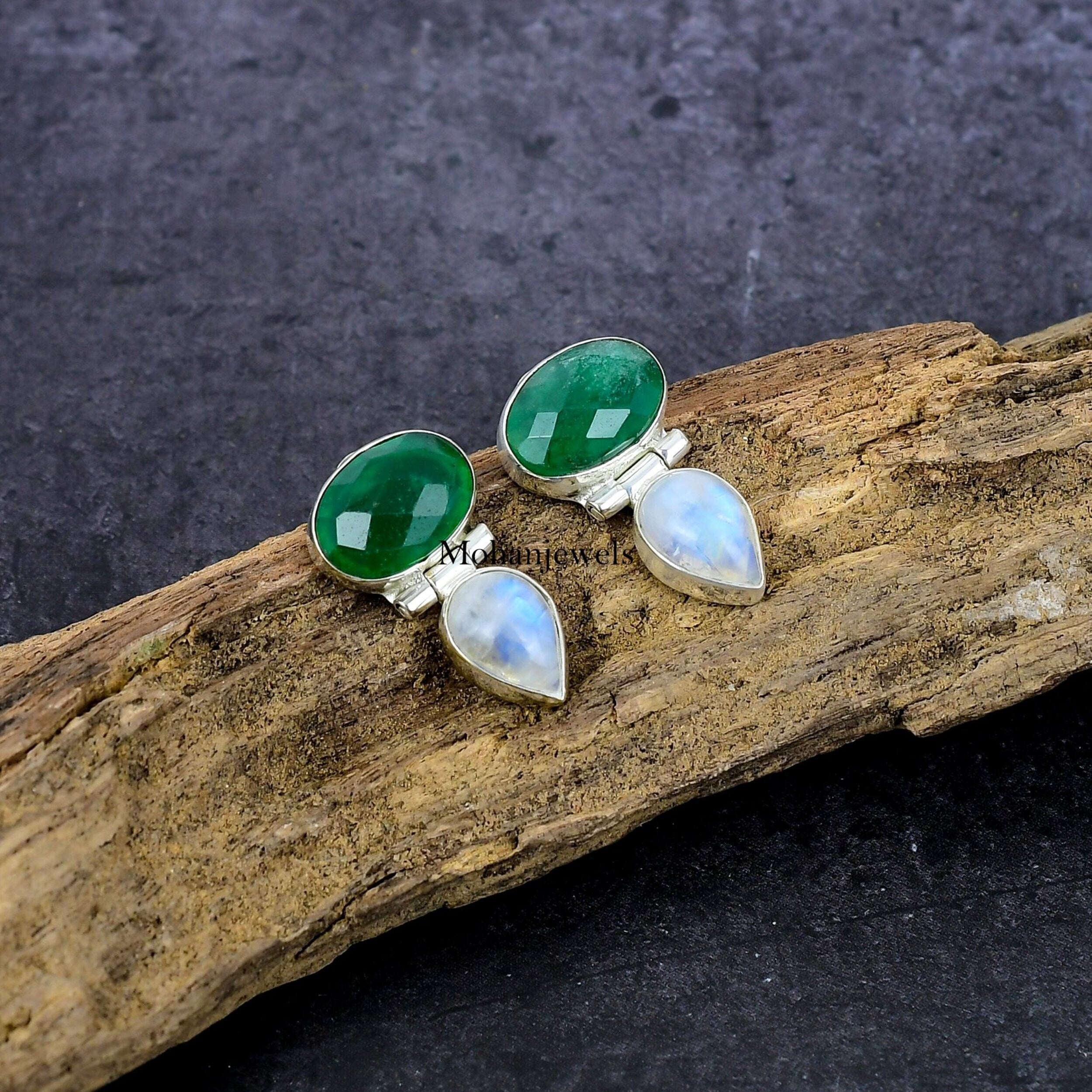 Emerald Earrings, Indian Emerald & Rainbow Moonstone Silver Earring, Sakota Mine Emerald, Handmade Small Stud Jewelry, Women Birthday's Gift