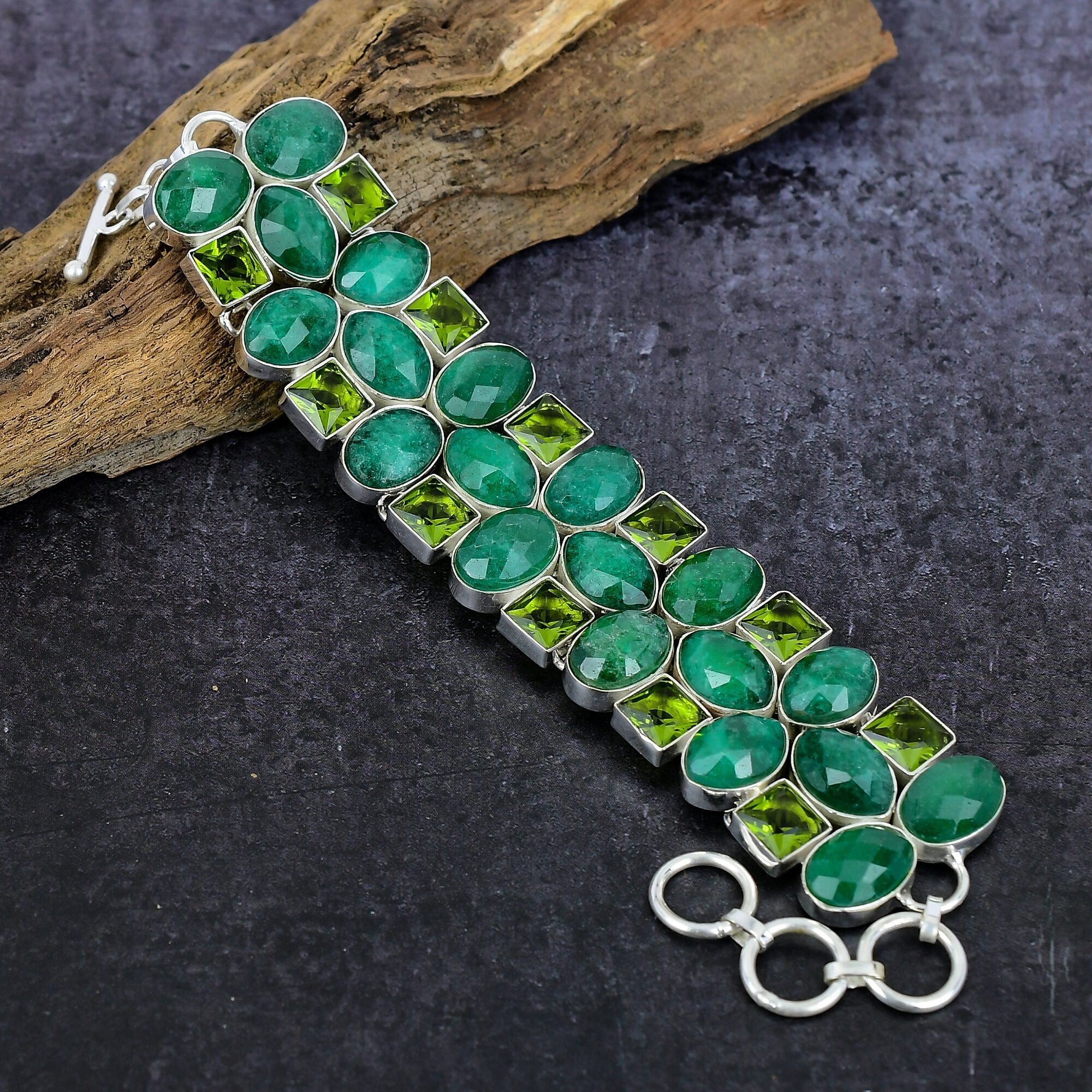 Emerald Bracelet, Natural Emerald Peridot Silver Bracelet, Unique Designer Jewelry, Adjustable Chain Bracelet, Anniversary Gift for Her