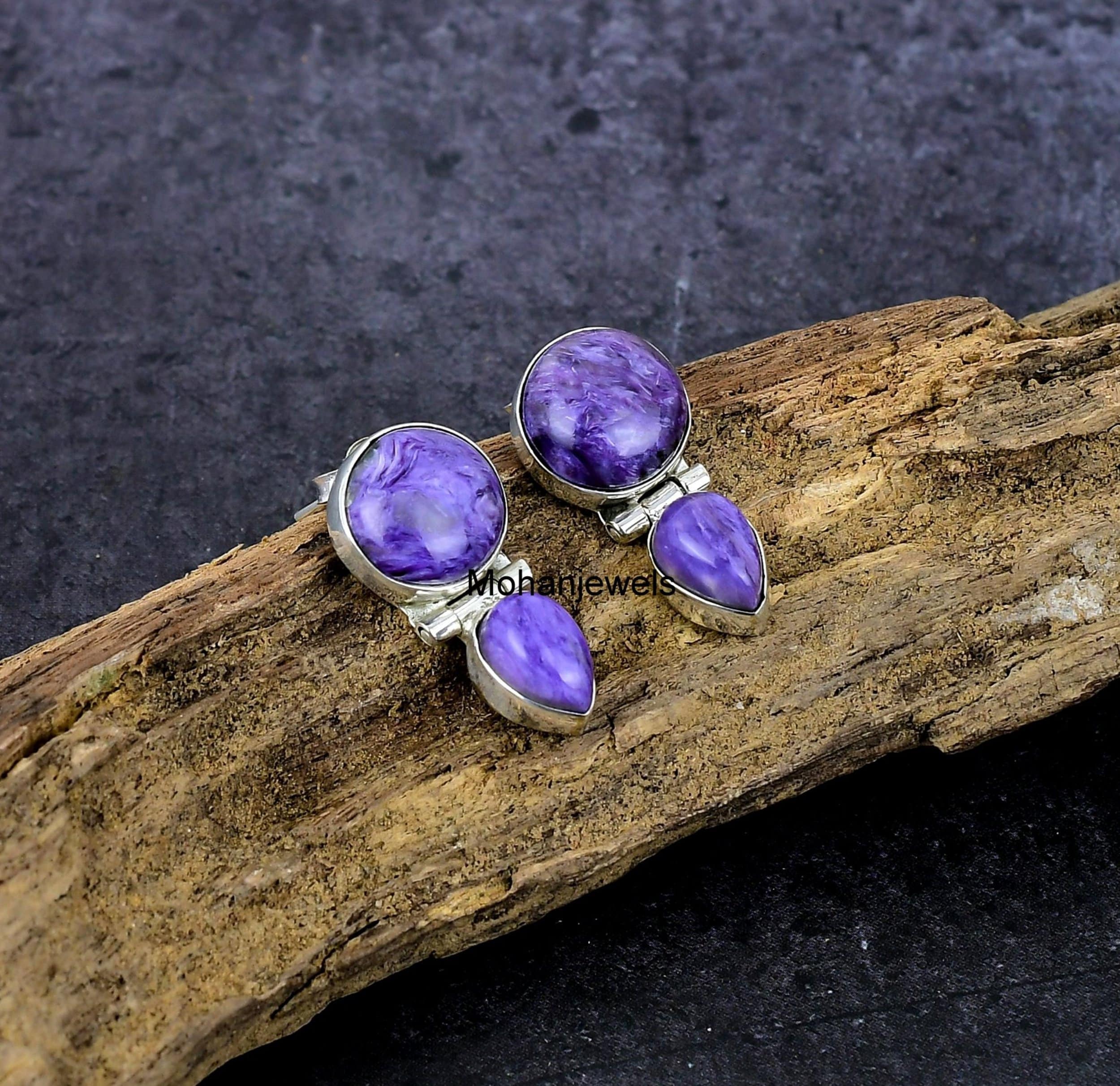 Charoite Earring, Natural Charoite Gemstone Silver Earring, Handmade Stud Earring, Purple Charoite Stone Earring, Anniversary Gift For Her