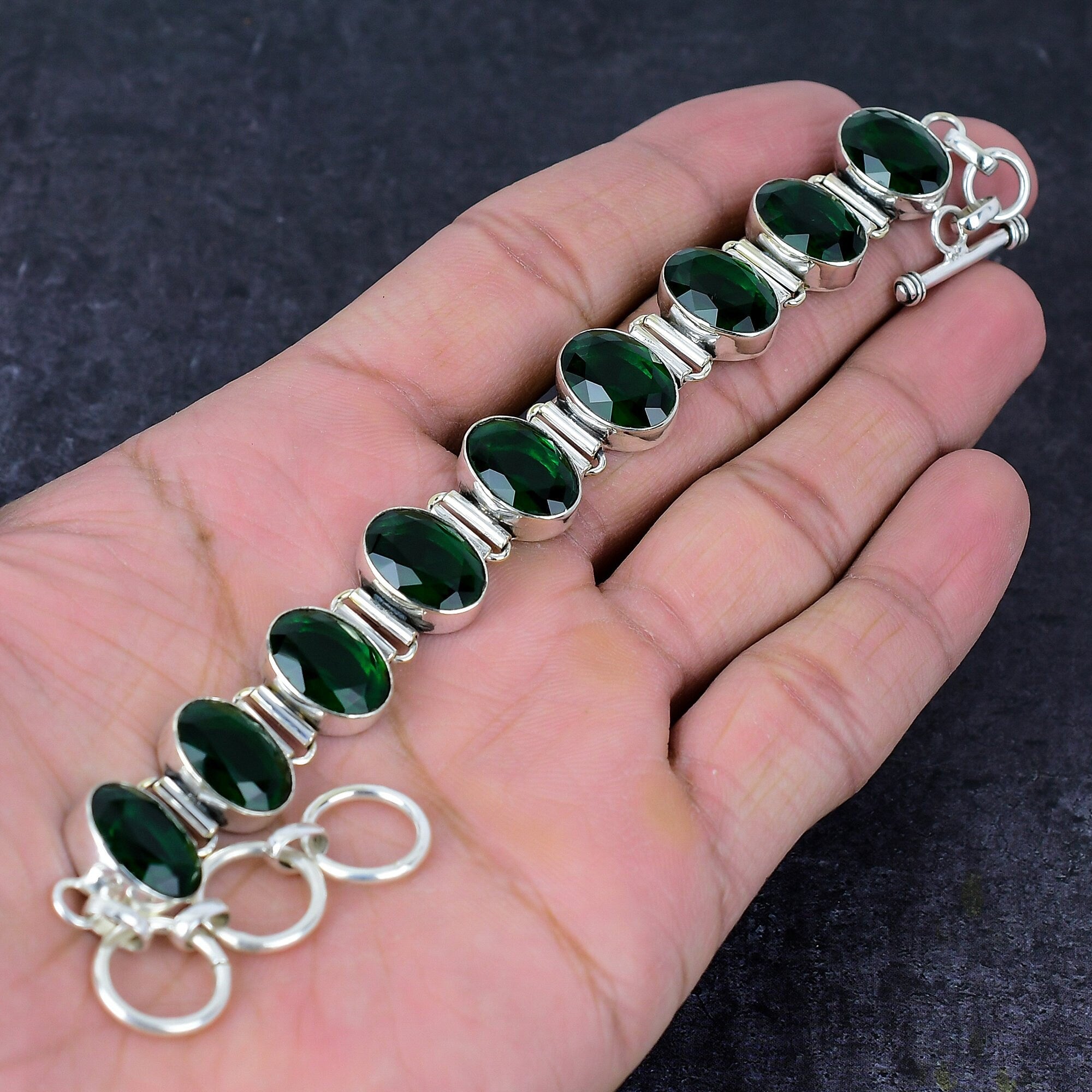 Diopside Bracelet, Faceted Chrome Diopside Silver Bracelet, Adjustable Chain Bracelet, Unique Handmade Collection,Anniversary Gift For Women