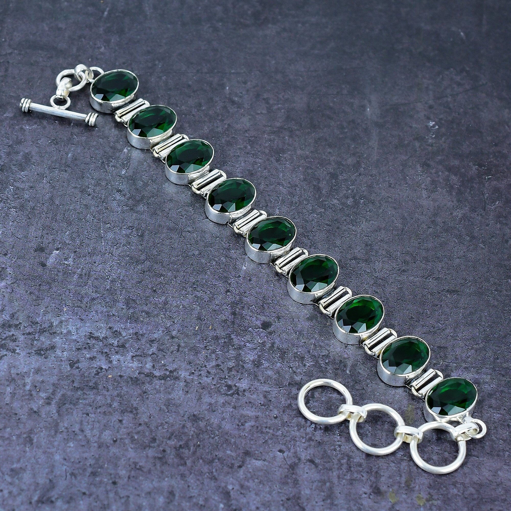 Diopside Bracelet, Faceted Chrome Diopside Silver Bracelet, Adjustable Chain Bracelet, Unique Handmade Collection,Anniversary Gift For Women