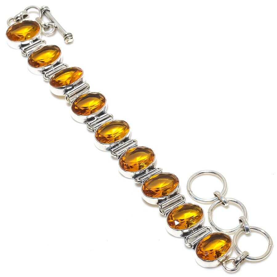 Citrine Bracelet, Faceted Citrine Topaz Silver Plated Bracelet, Yellow Stone Handmade Adjustable Chain Bracelet, Birthday Gifts For Men