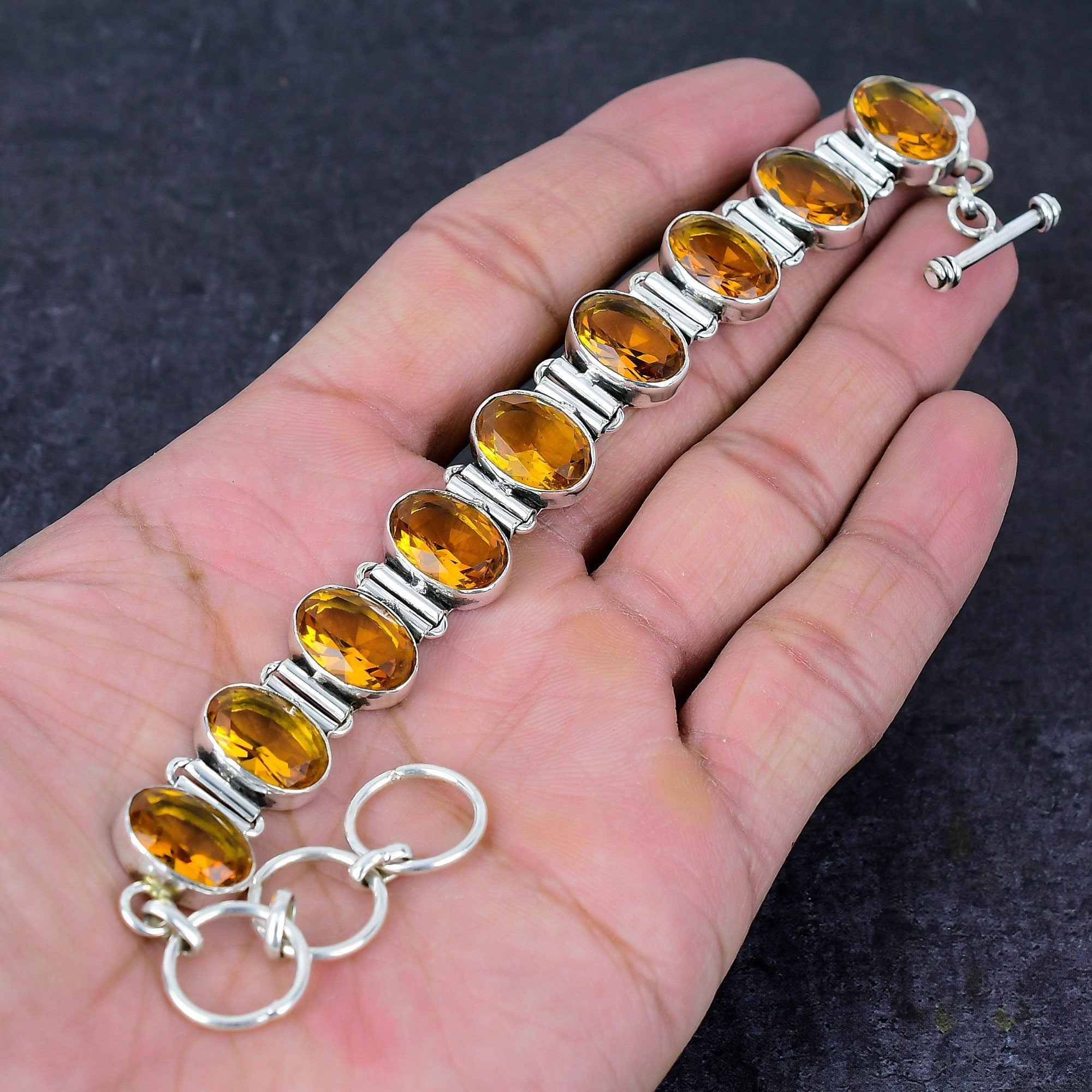 Citrine Bracelet, Faceted Citrine Topaz Silver Plated Bracelet, Yellow Stone Handmade Adjustable Chain Bracelet, Birthday Gifts For Men