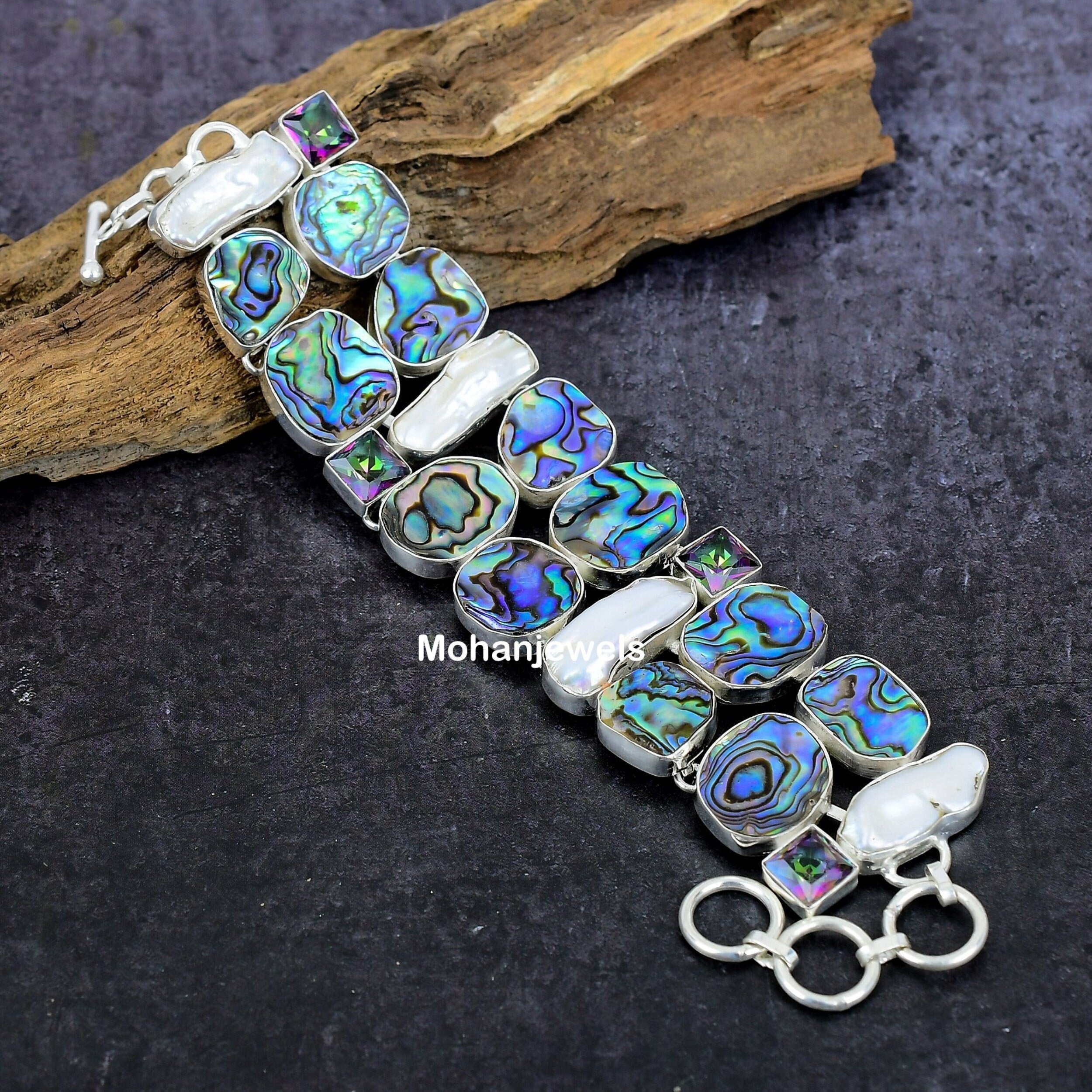 Abalone Shell Bracelet, Avalon Biwa Pearl & Topaz Silver Bracelet, Multi Color Stone Bracelet, Unique Designer Anniversary Gift For Her