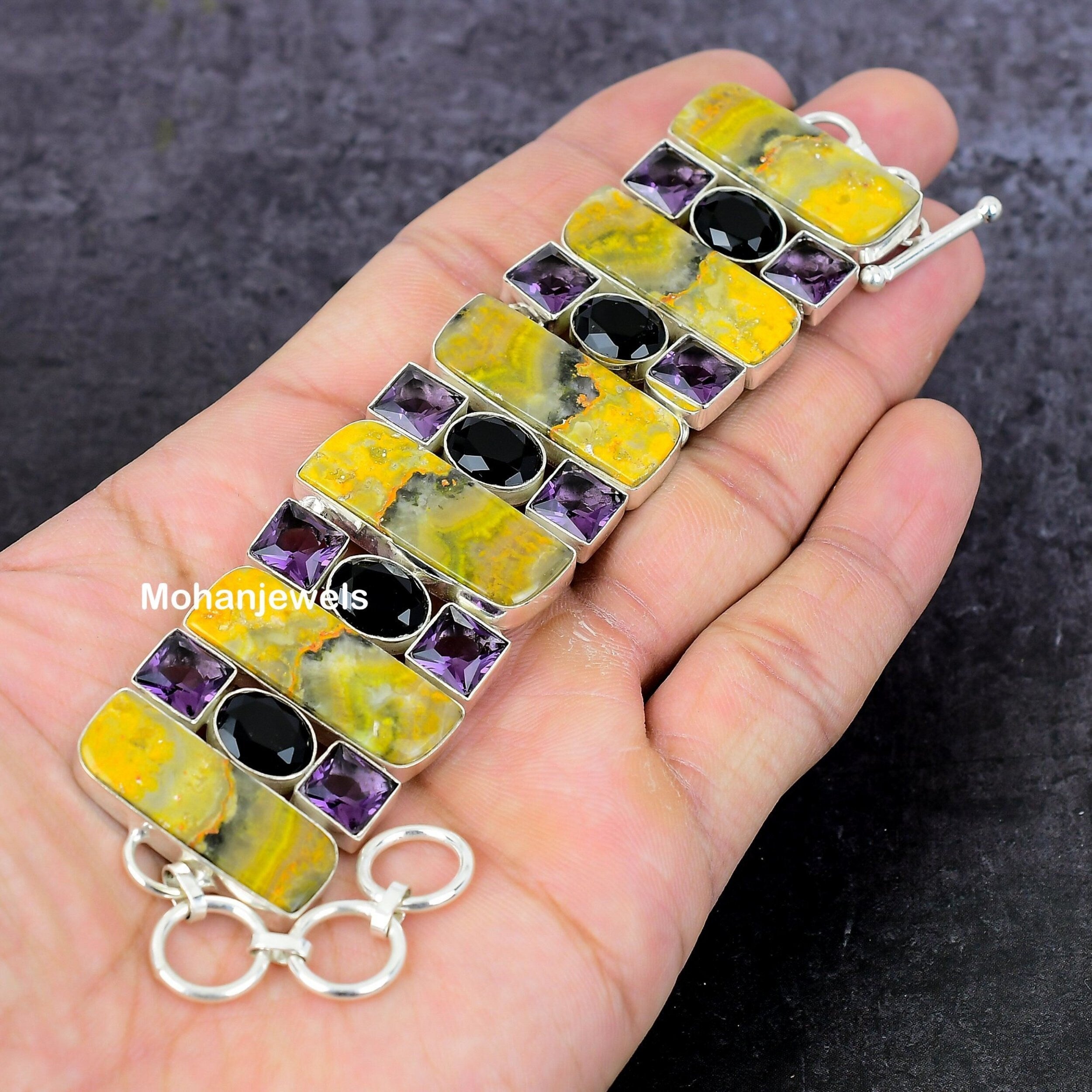 Bumble Bee Jasper Bracelet, Bumble Bee Jasper Amethyst & Onyx Silver Bracelet, Handmade Yellow Stone Statement Jewelry, Unique Gift For Her