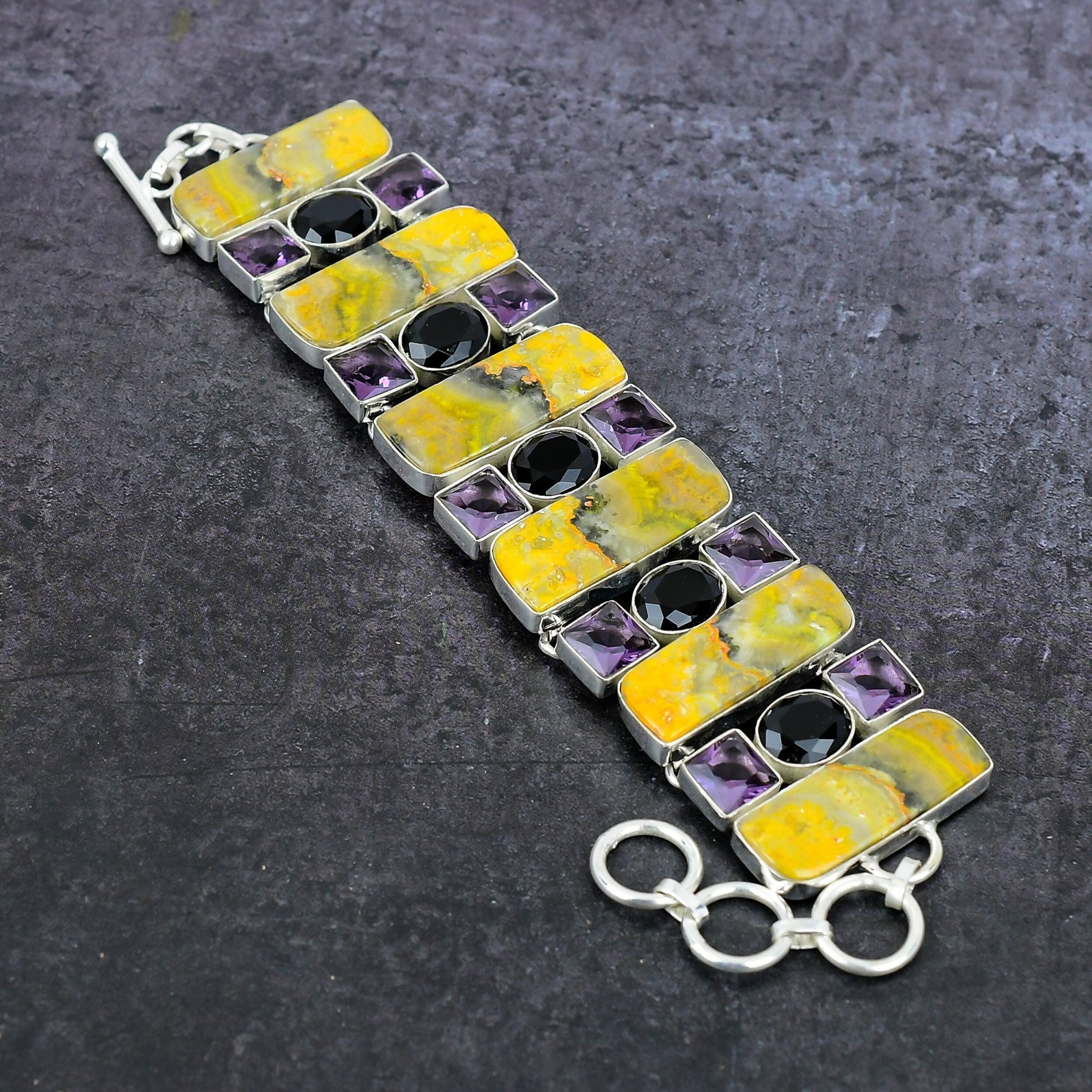 Bumble Bee Jasper Bracelet, Bumble Bee Jasper Amethyst & Onyx Silver Bracelet, Handmade Yellow Stone Statement Jewelry, Unique Gift For Her