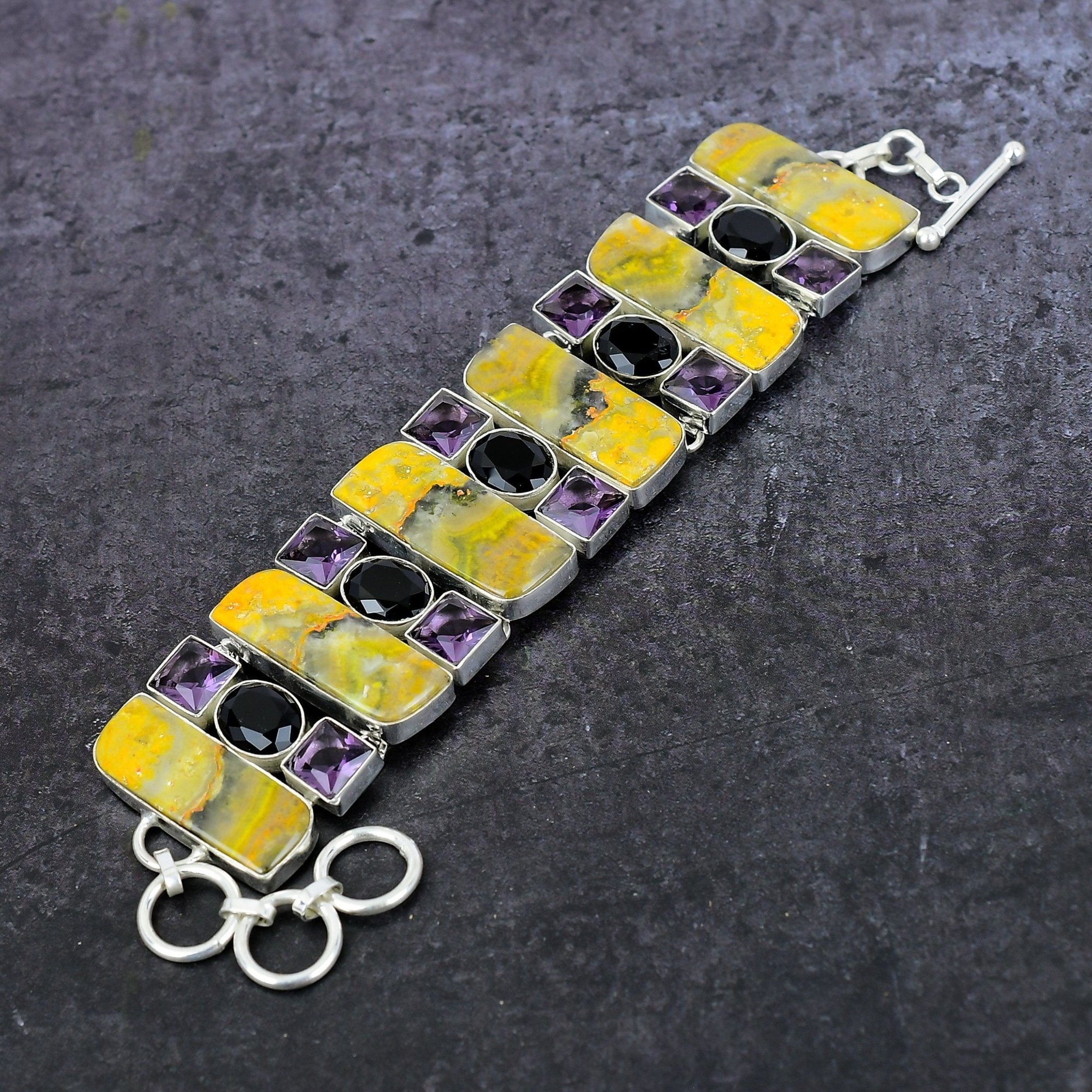 Bumble Bee Jasper Bracelet, Bumble Bee Jasper Amethyst & Onyx Silver Bracelet, Handmade Yellow Stone Statement Jewelry, Unique Gift For Her