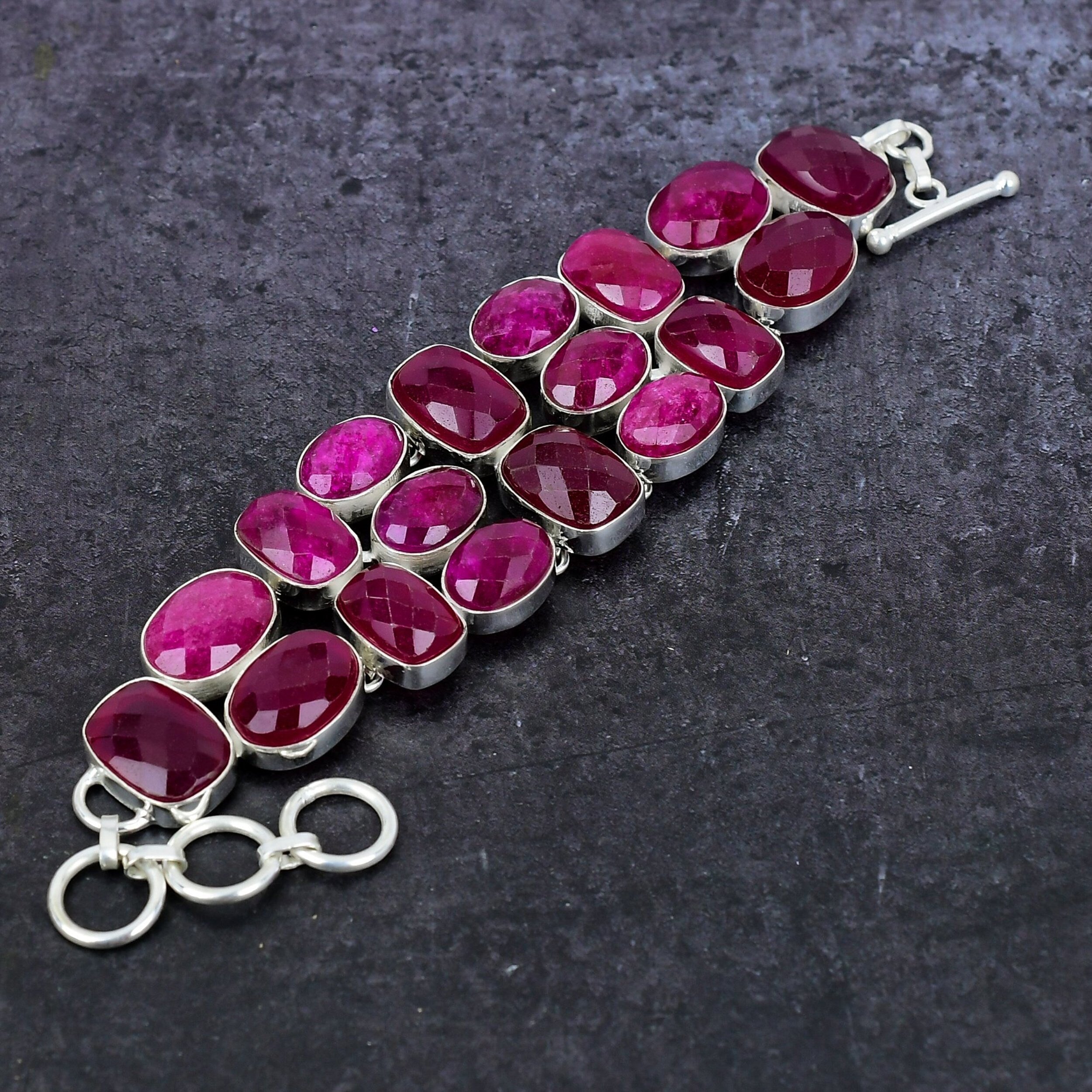 Kashmir Red Ruby Bracelet, Faceted Ruby Gemstone Silver Plated Statement Bracelet, Unique Handmade Bracelet, Natural Pink Stone For Her Gift