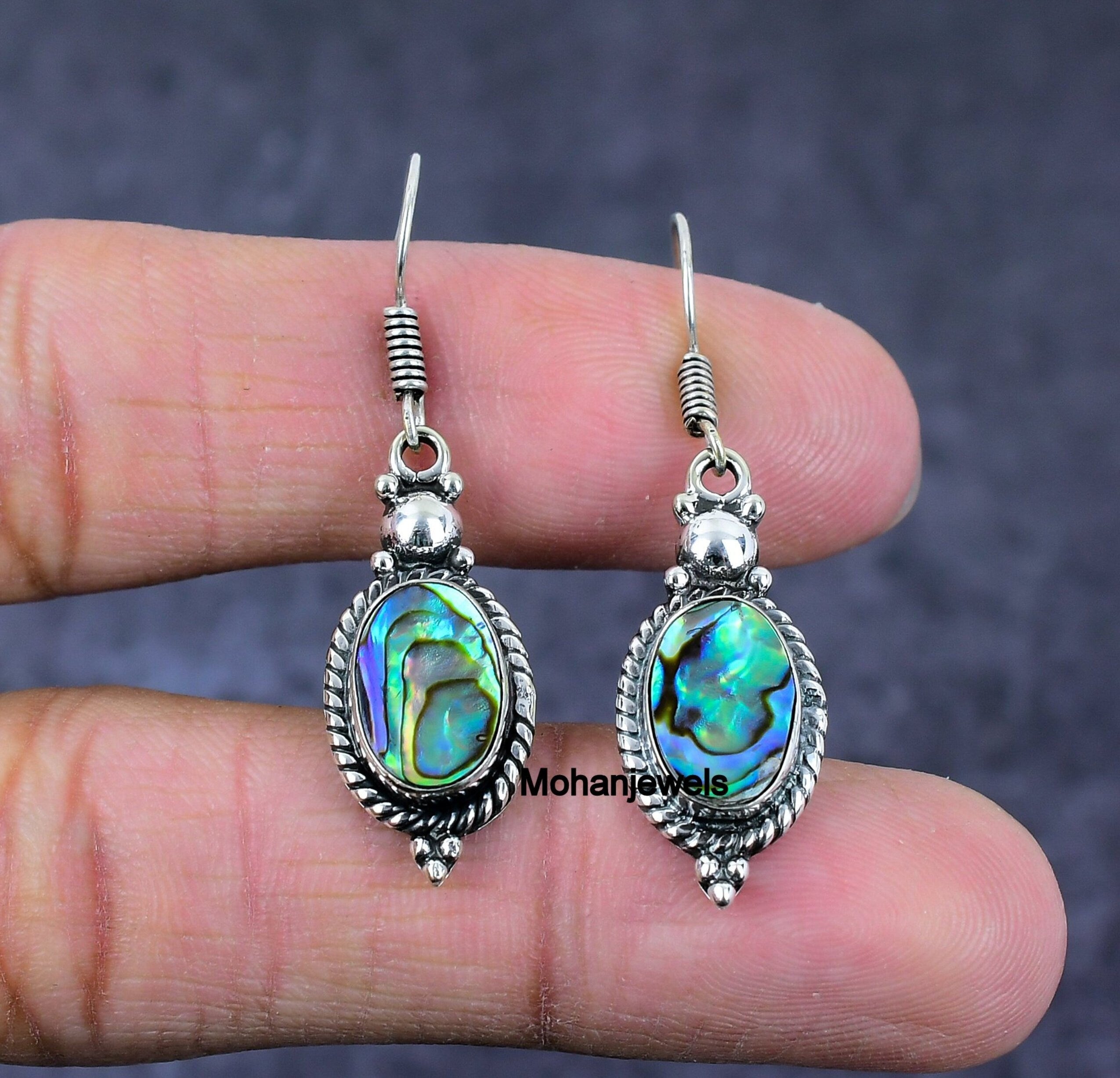 Abalone Earrings, Natural Abalone Shell Silver Earrings, Multi Stone Shimmering Avalone Jewelry, Unique Designer Anniversary Gift for Her