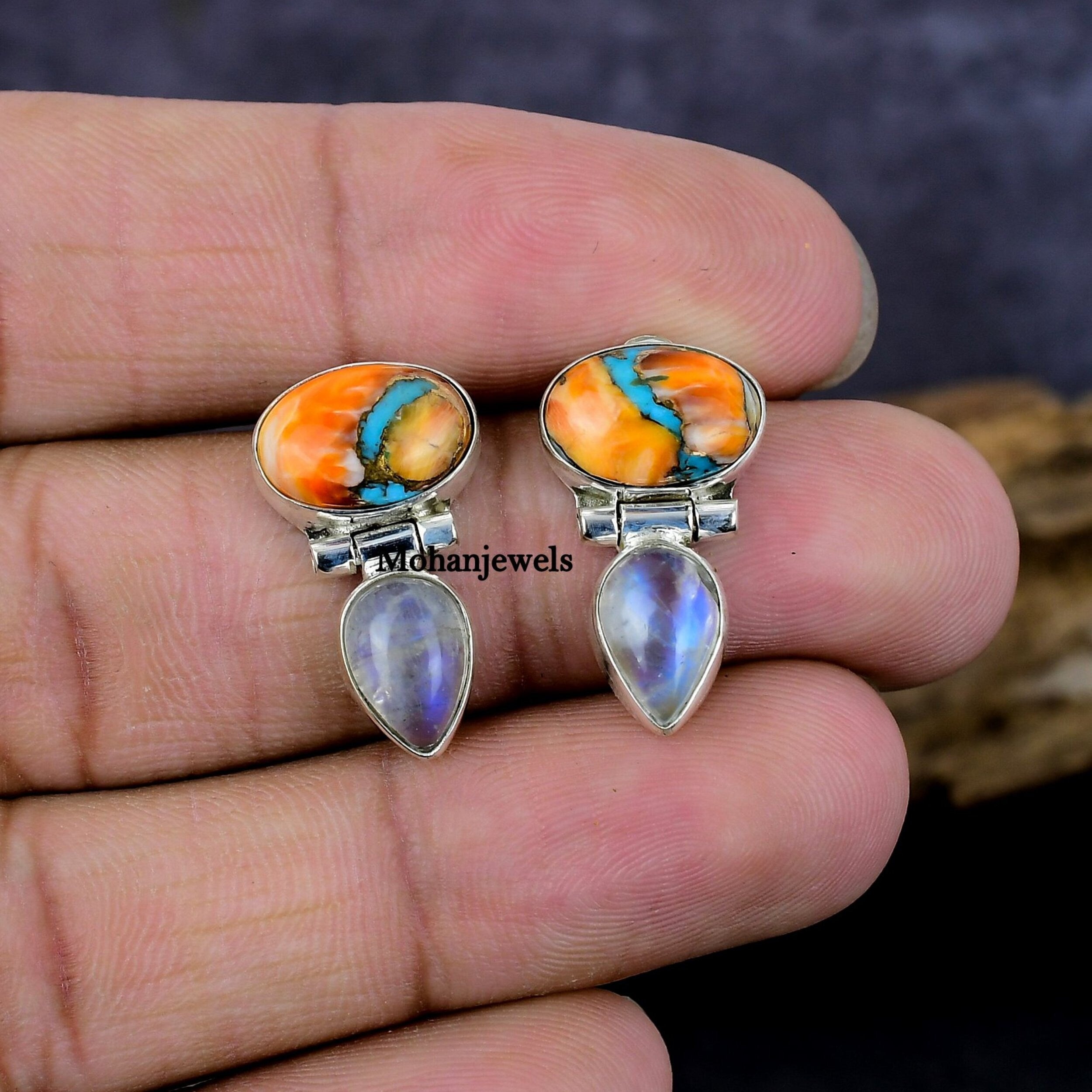 Turquoise Earrings, Kingman Pink Oyster Turquoise Moonstone Silver Earring, Multi Colour Turquoise Stud, Spiny Oyster Turquoise Gift Earring