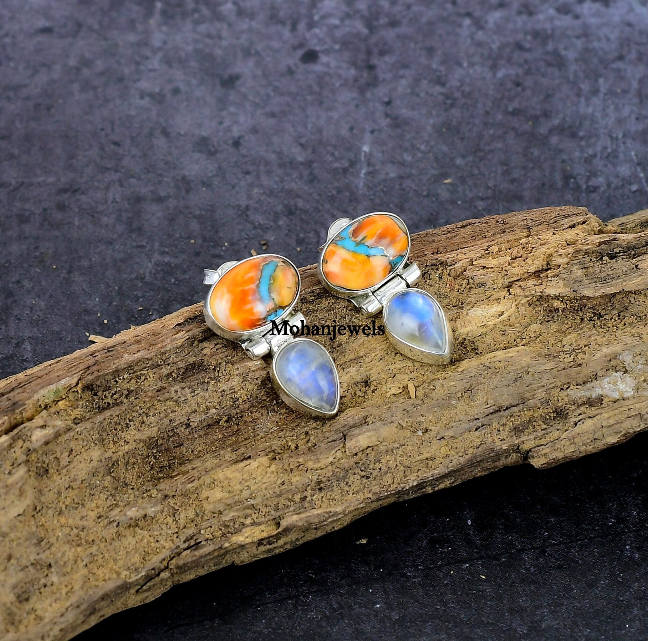 Turquoise Earrings, Kingman Pink Oyster Turquoise Moonstone Silver Earring, Multi Colour Turquoise Stud, Spiny Oyster Turquoise Gift Earring