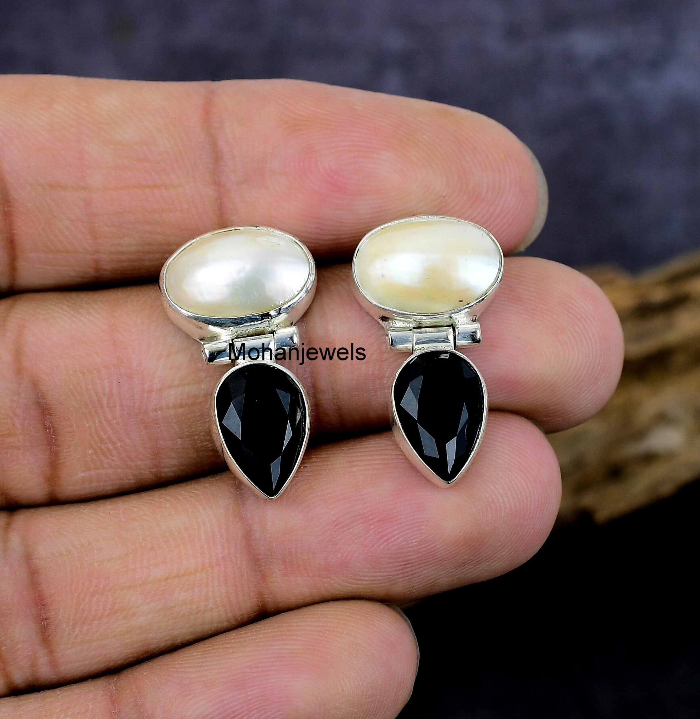 Pearl Earrings, Natural Pearl & Black Onyx Silver Earring, Ivory Mabe Pearl Stud, Unique Handmade Earrings, Women's Anniversary Gift Earring