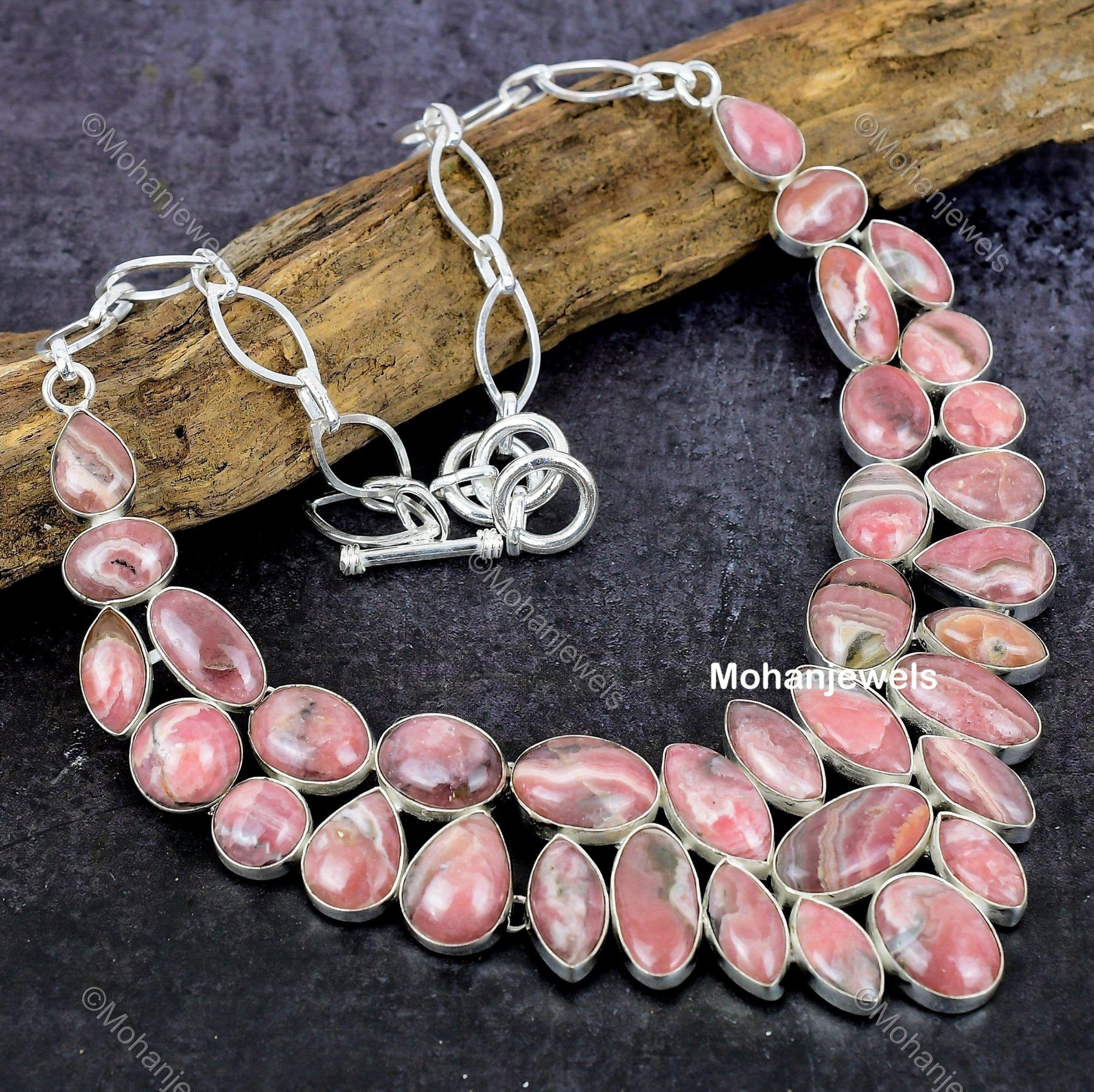 Handcrafted Natural Rhodochrosite Necklace, Pink Choker Adjustable Necklace, Silver Plated Jewelry, Engagement Gift, Necklace For Bride