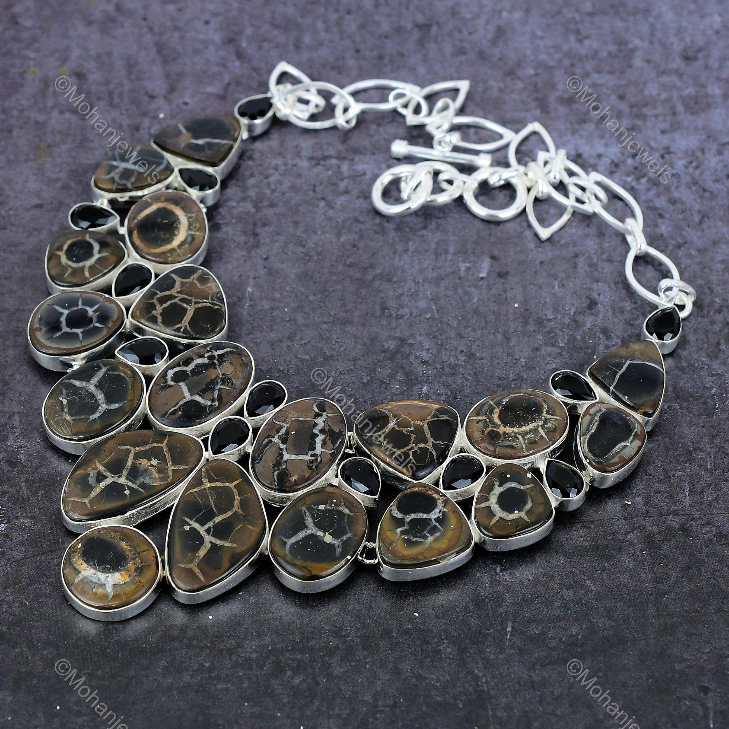 Handcrafted Natural Septarian Dragon Necklace, Brown Choker Adjustable Necklace, Silver Plated Jewelry, Anniversary Gift, Necklace For Bride