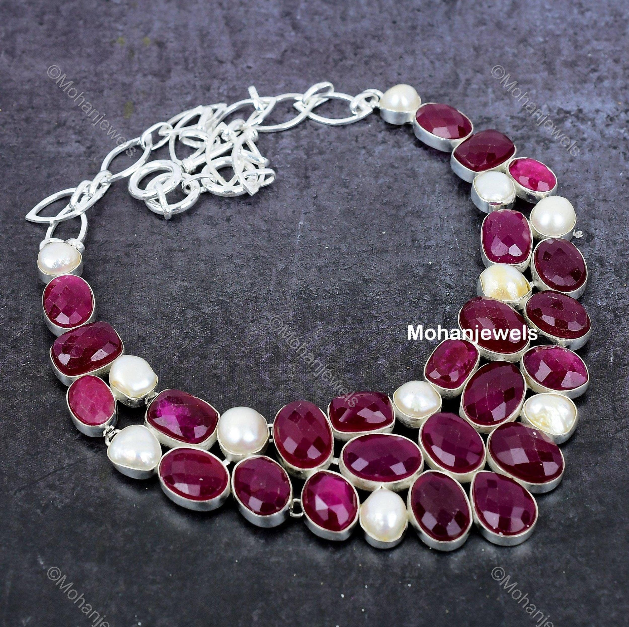 Remarkable Natural Indian Ruby Necklace, Red Choker Adjustable Necklace, Silver Plated Jewelry, Engagement Gift, Necklace For Grand Mother