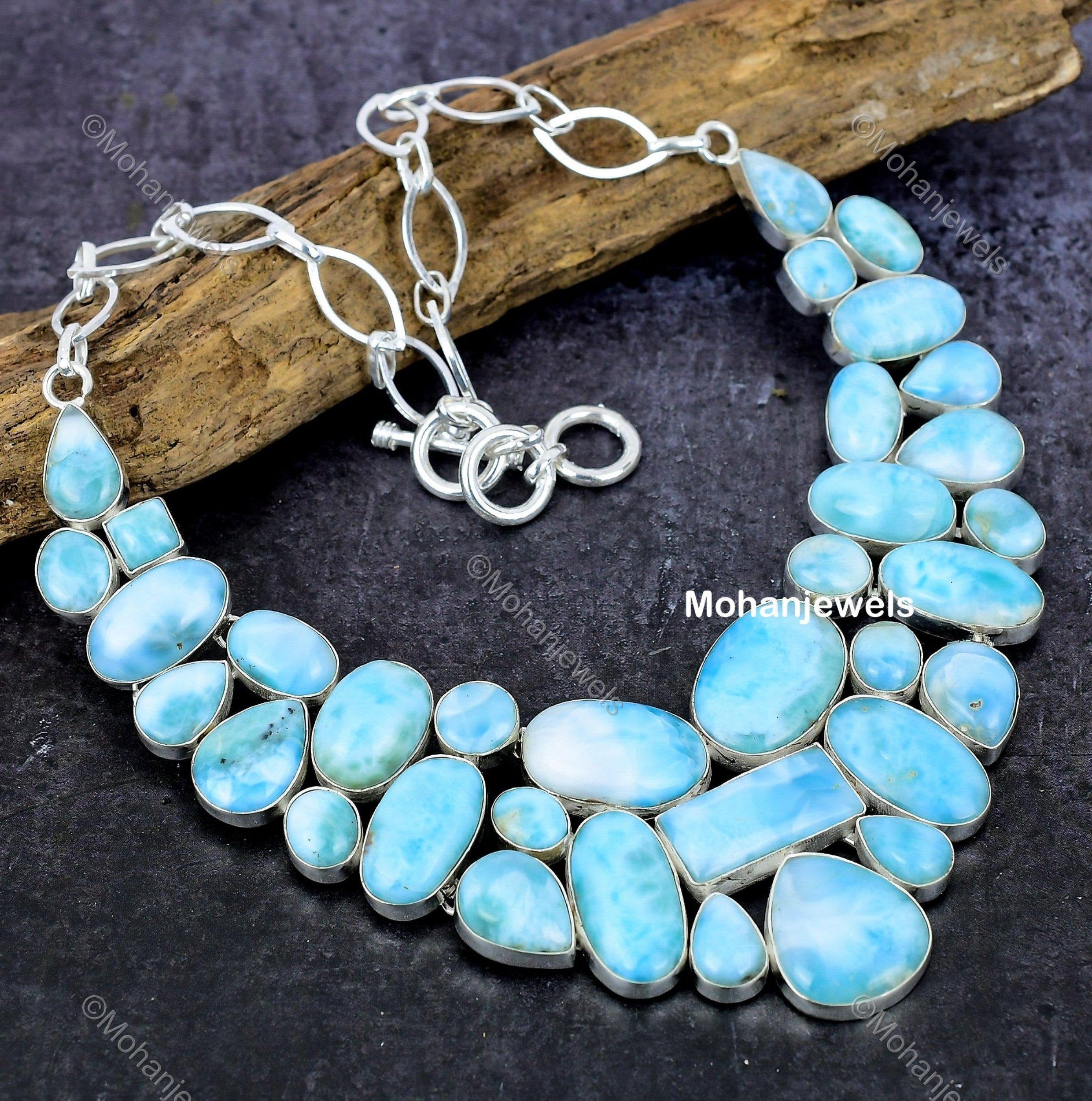 Rare Natural Larimar Necklace, Gemstone Necklace, Blue Choker Adjustable Necklace, Silver Plated Jewelry, Birthday Gift, Necklace For Mother