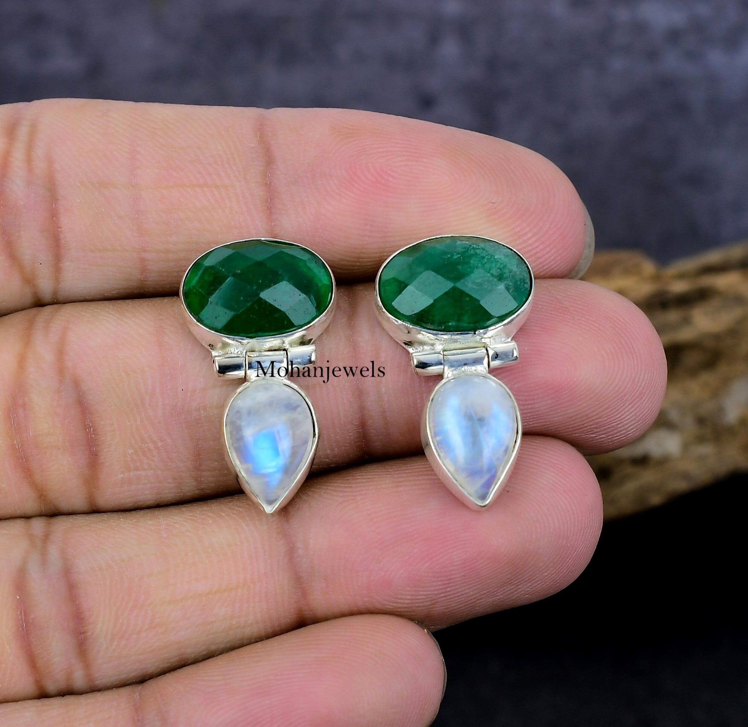 Emerald Earrings, Indian Emerald & Rainbow Moonstone Silver Earring, Sakota Mine Emerald, Handmade Small Stud Jewelry, Women Birthday's Gift