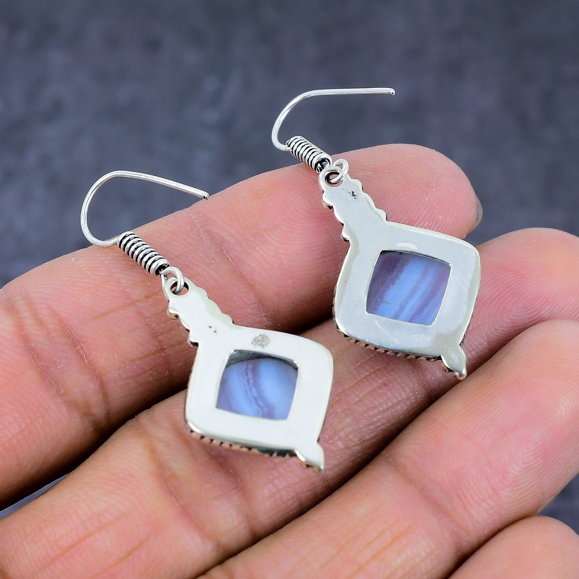 Agate Earrings, Blue Lace Agate Gemstone Silver Earring, Natural Blue Wave Stone Dangle Drop Earrings, Unique Anniversary Gift Her Earrings