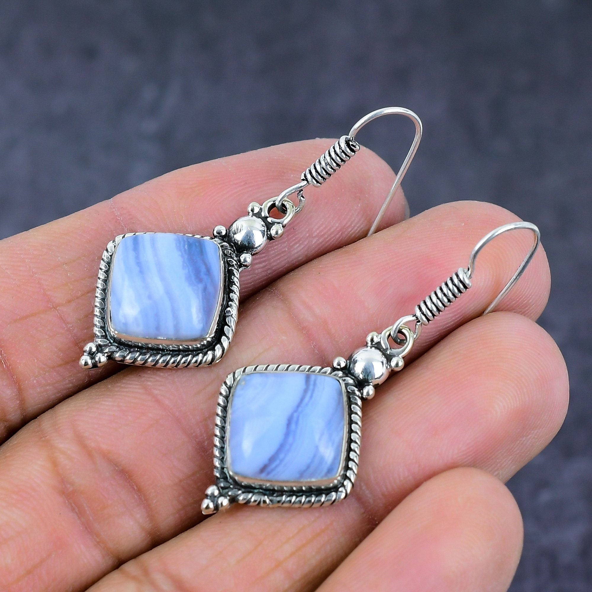 Agate Earrings, Blue Lace Agate Gemstone Silver Earring, Natural Blue Wave Stone Dangle Drop Earrings, Unique Anniversary Gift Her Earrings