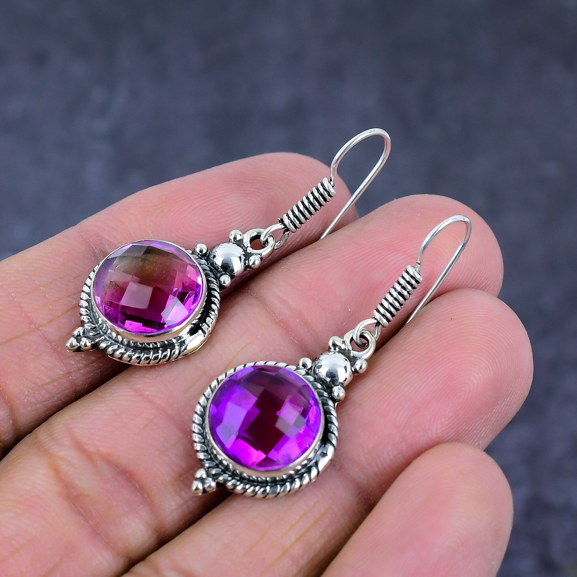 Amethyst Earrings, Amethyst Quartz Gemstone Silver Plated Earrings, Handmade Dangle Drop Earrings, Wedding Gift for Her, Valentine Gift