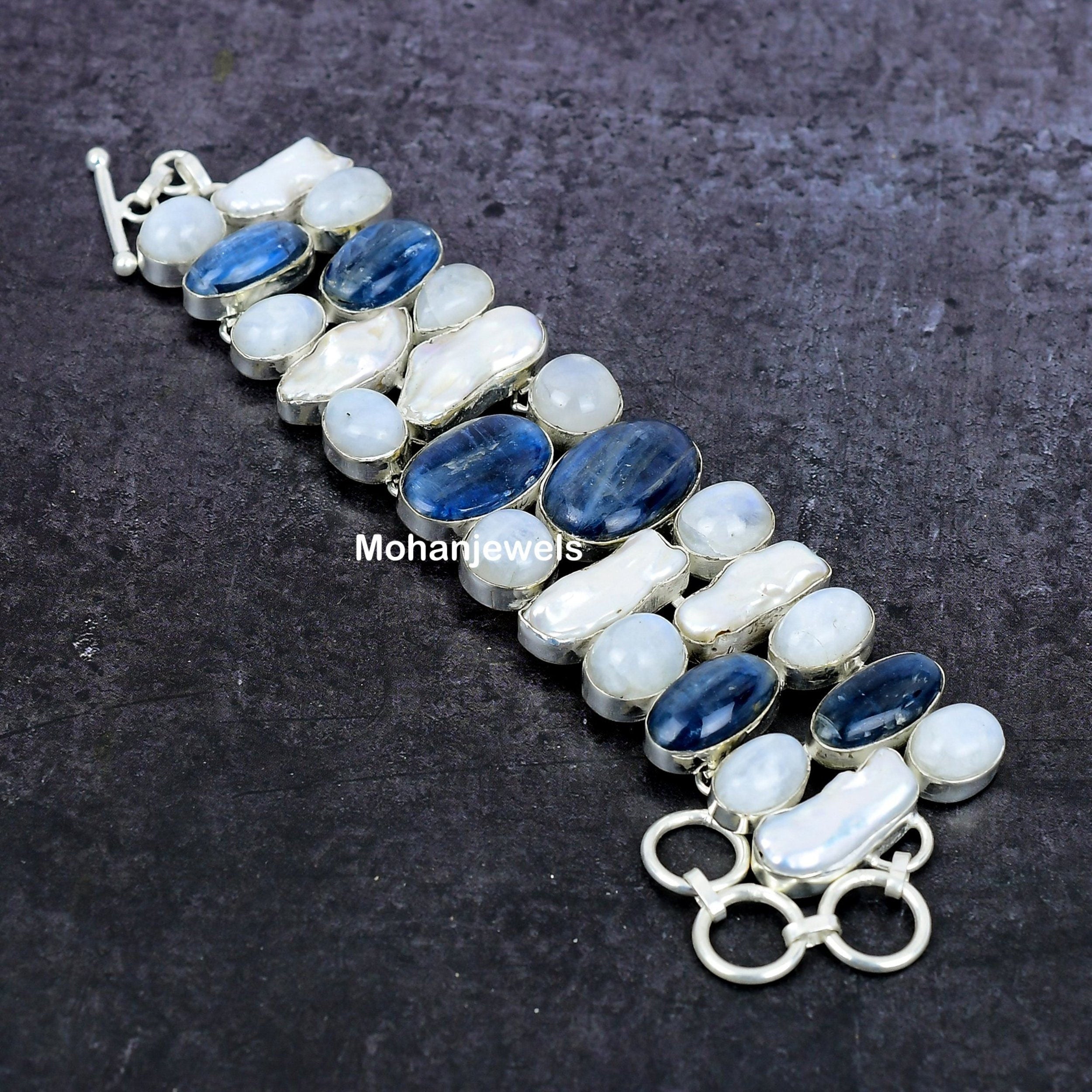 Kyanite with Ranbow Moonstone & Biwa Pearl Gemstone Silver Plated Adjustable Chain Bracelet Women Wedding Anniversary Gift For Her