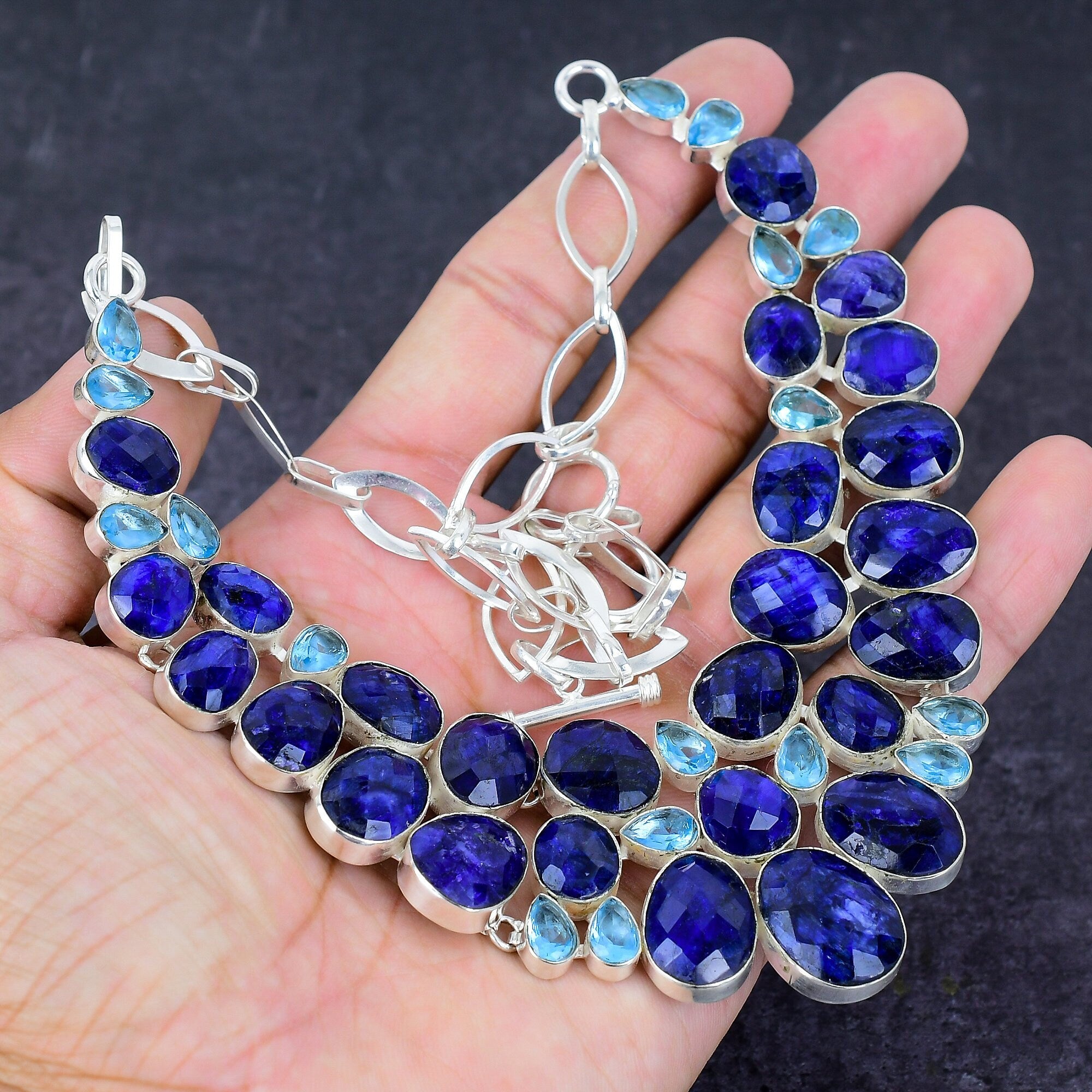 Blue Sapphire Necklace Bracelet, Blue Sapphire & Quartz Gemstone Silver Plated Adjustable Designer Necklace Bracelet Jewelry Set