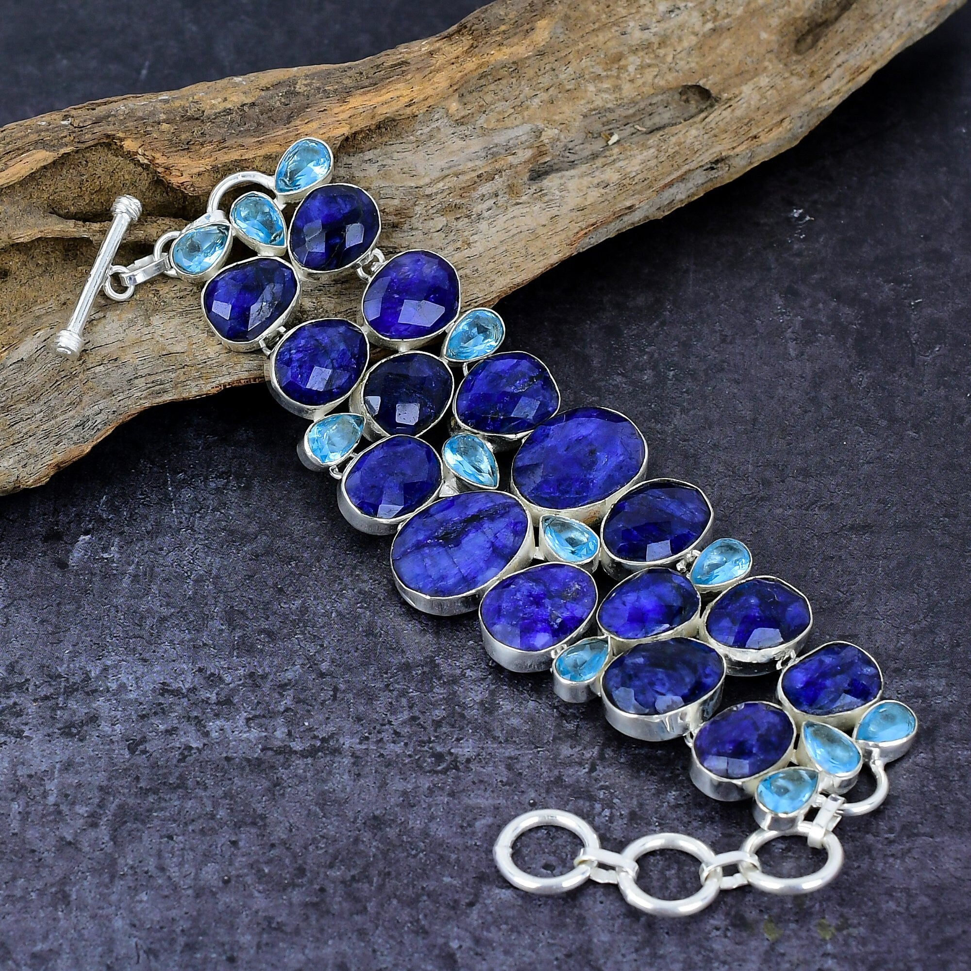 Blue Sapphire Necklace Bracelet, Blue Sapphire & Quartz Gemstone Silver Plated Adjustable Designer Necklace Bracelet Jewelry Set