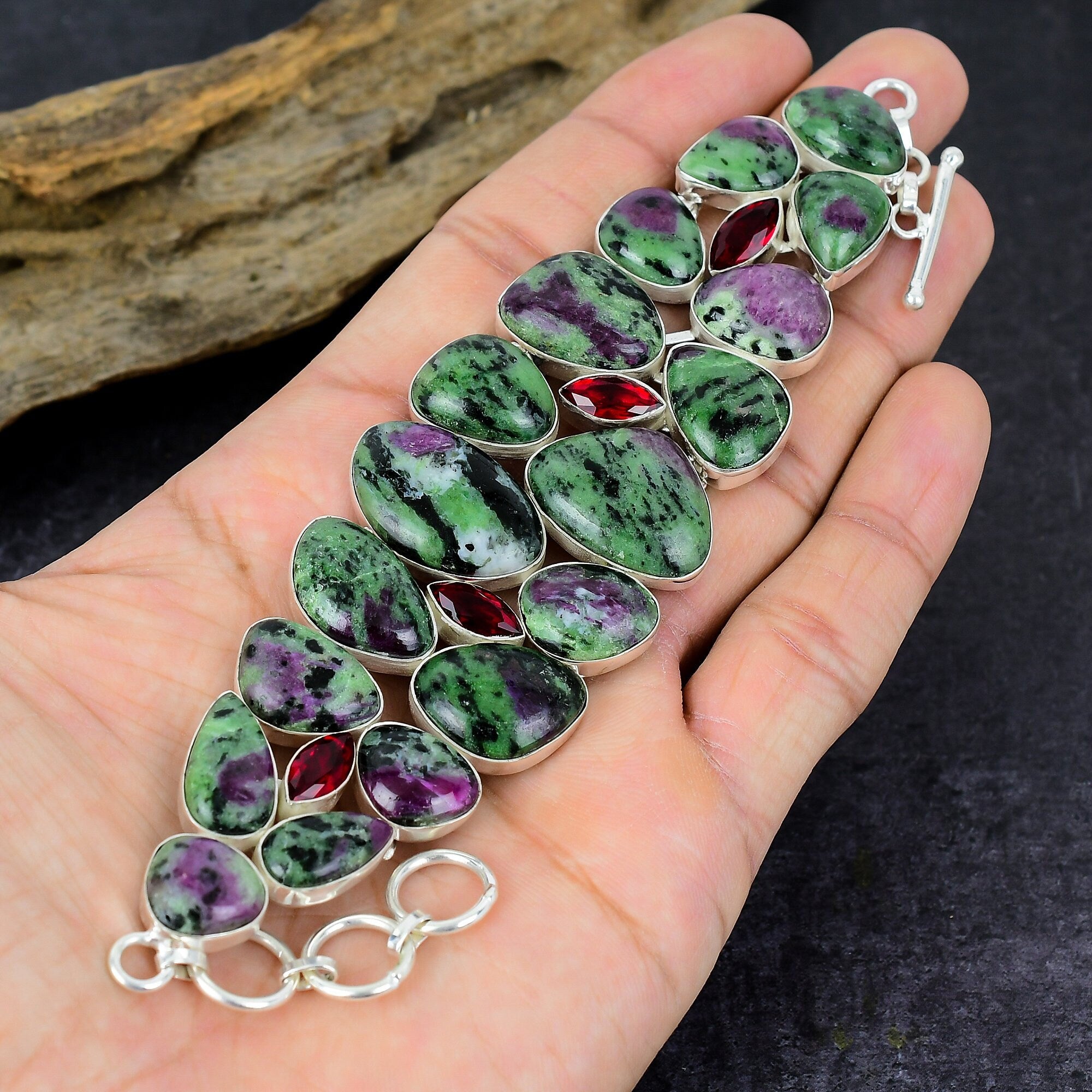 Ruby Zoisite Necklace Bracelet, Ruby Zoisite & Quartz Gemstone Silver Plated Adjustable Designer Necklace Bracelet Jewelry Set