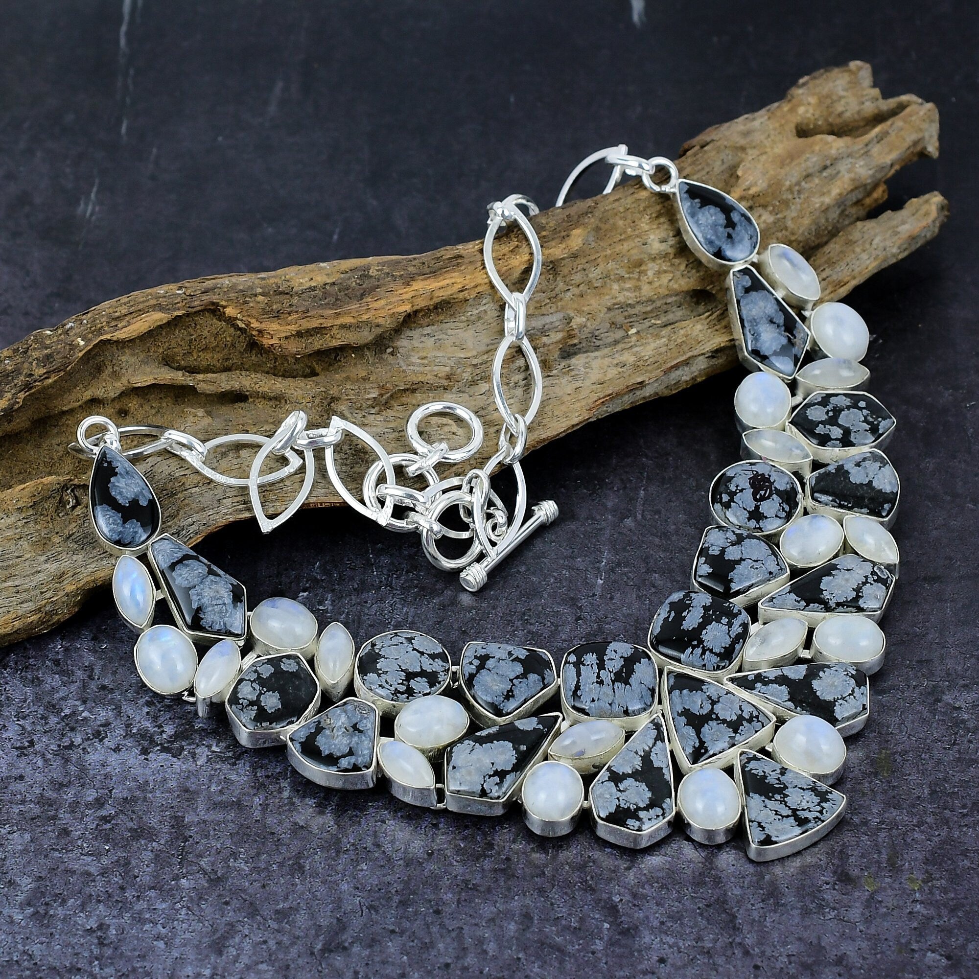 Snowflake Obsidian Rainbow Moonstone Gemstone Silver Plated Adjustable Designer Necklace Bracelet Handmade Jewelry Set Gift For Her