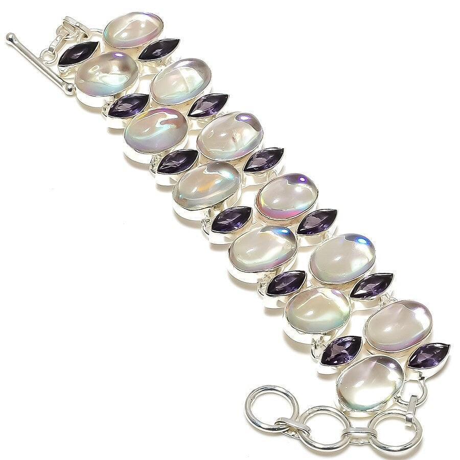 Mystic Topaz Bracelet, Rainbow Mystic Topaz Iolite Gemstone Silver Plated Adjustable Chain Bracelet, Chunky Bracelet, Anniversary Gift