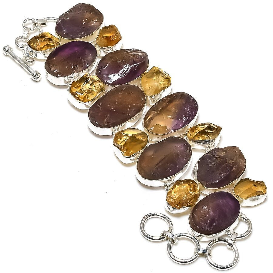 Ametrine Raw Bracelet, Ametrine & Citrine Rough Gemstone Silver Plated Adjustable Chain Bracelet Women Wedding Anniversary Gift For Her