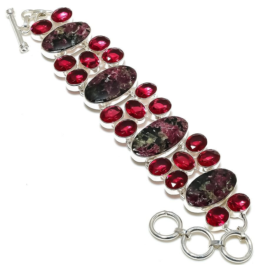 Eudialyte Bracelet, Eudialyte Garnet Gemstone Silver Plated Adjustable Chain Bracelet, Antique Jewelry, Healing Stone Jewelry