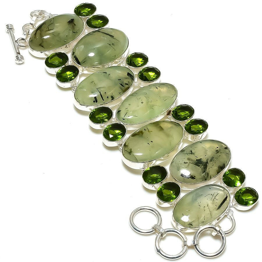 Moss Prehnite Chrome Diopside Silver Plated Bracelet, Unique Bracelet, Handmade Chunky Bracelet, Fashion Jewelry, Gift For Her