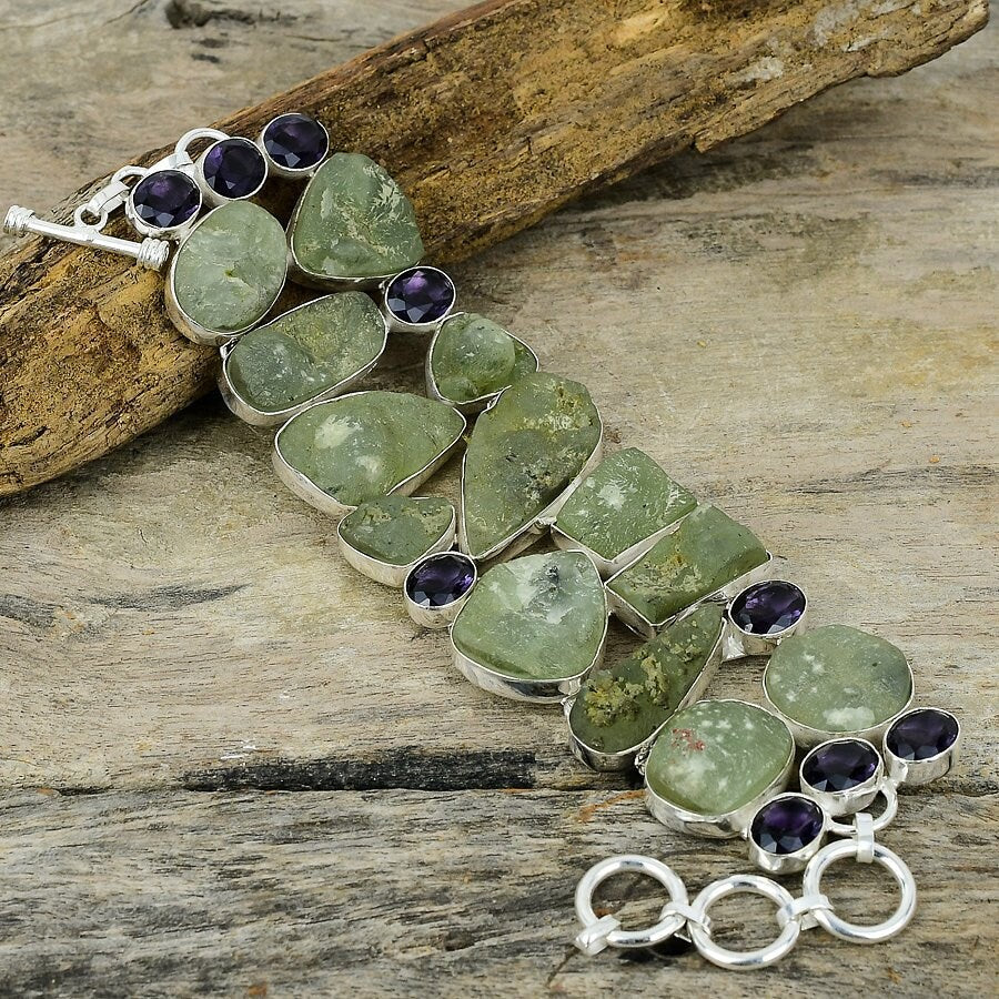 Amethyst Bracelet, Green Amethyst Rough Gemstone Silver Plated Adjustable Chain Bracelet Women Wedding Anniversary Gift For Her