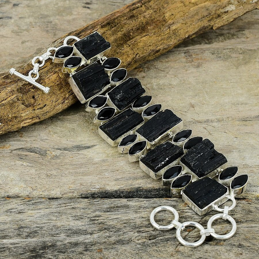 Black Tourmaline Rough Spinel Gemstone Silver Plated Bracelet, Handmade Adjustable Chain Bracelet, Women Gift Jewelry